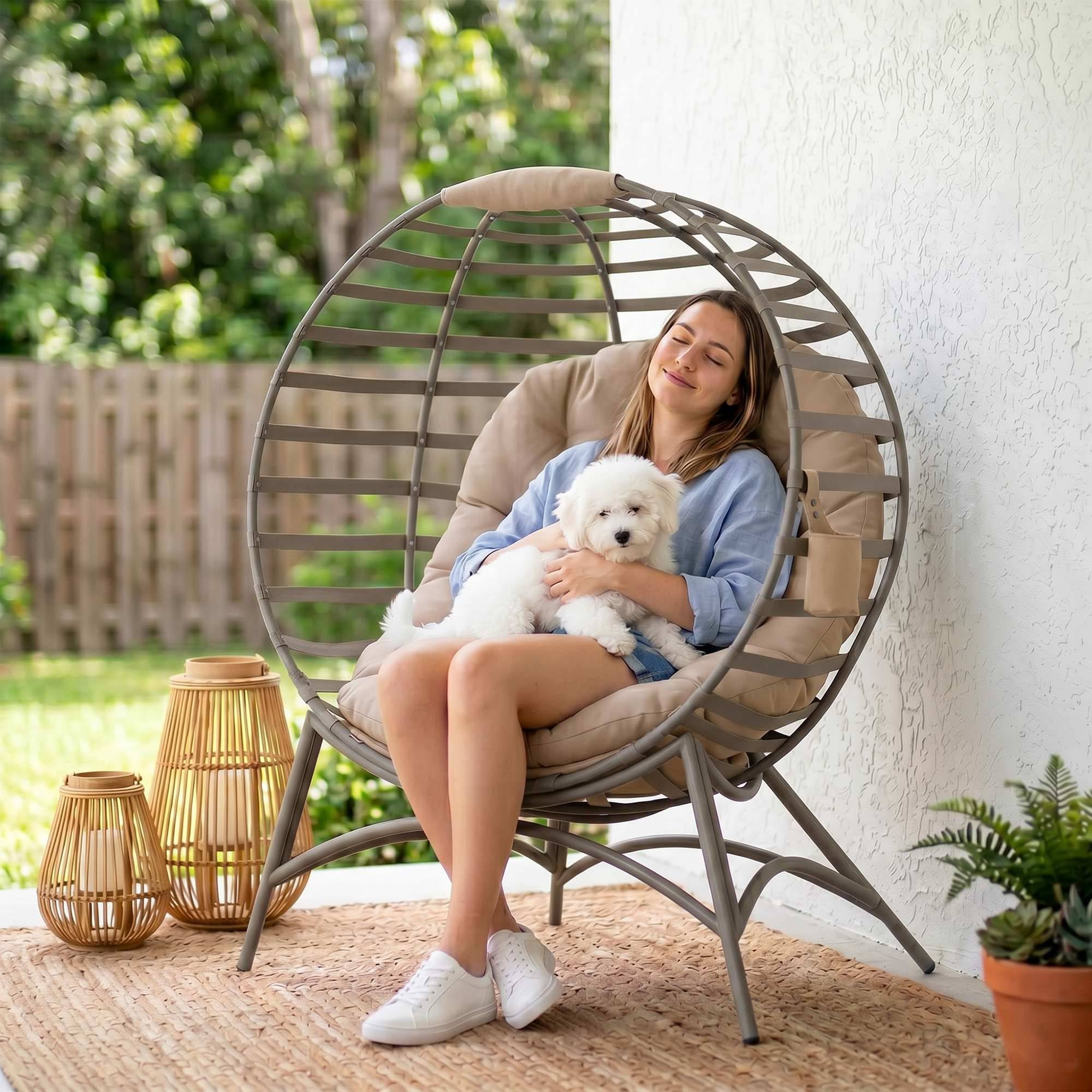 ComfortXL - Fauteuil Papasan acier et polyester sable 118 x 77 x 139 cm intérieur extérieur pliable avec coussin - Image 7