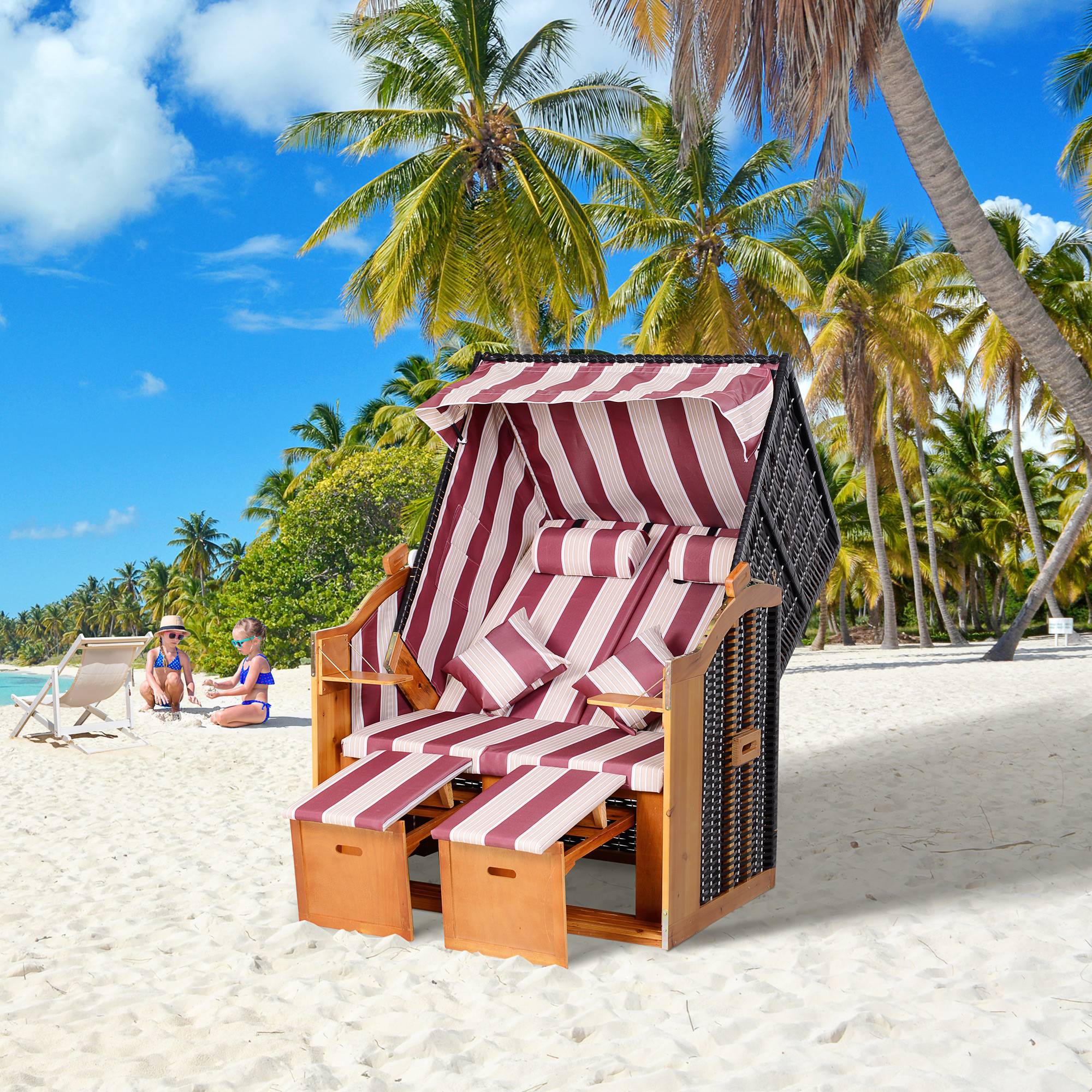 Strandkorb bois de sapin et résine tressée rouge et blanc 118 x 79 x 160 cm - PANGIVO - Image 4