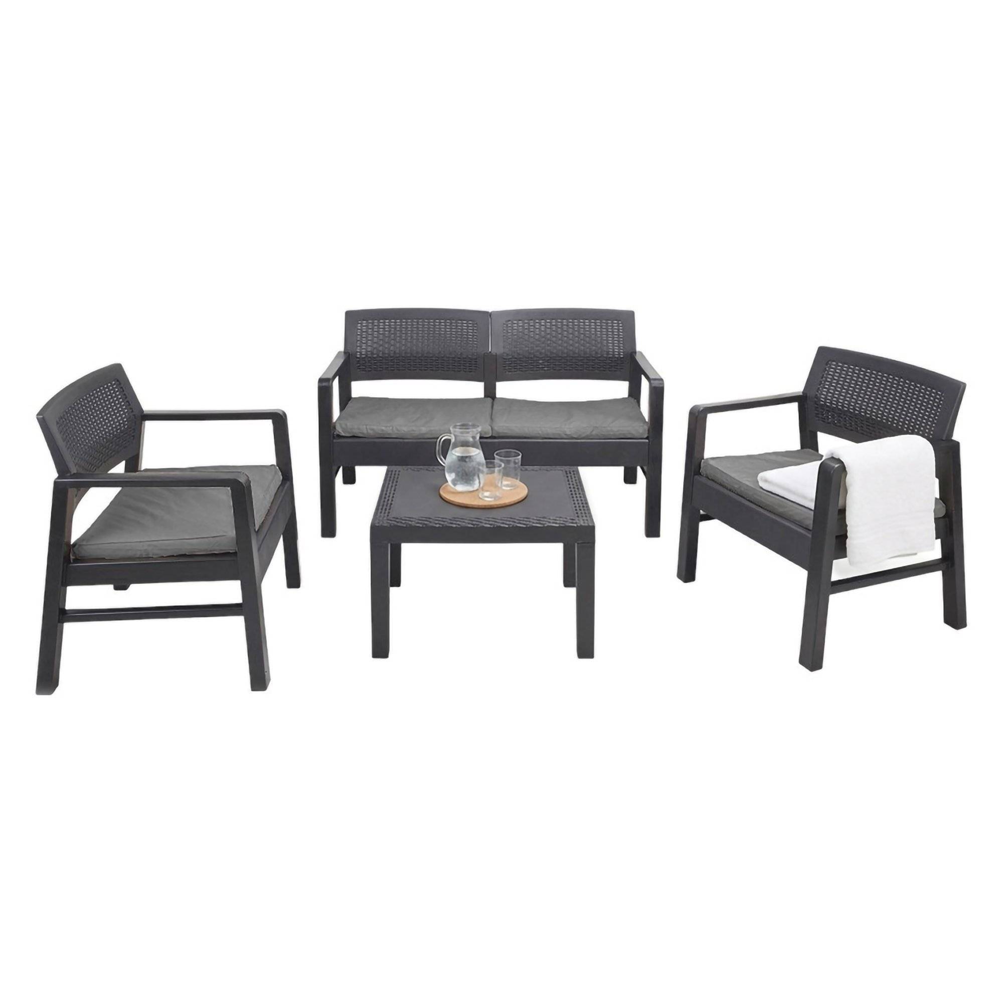 Dmora - Salon d'extérieur Dauter, Composition de jardin avec 2 fauteuils, 1 canapé et 1 table basse, Salon effet rotin avec coussins, Anthracite - Dmora - Imagen 1