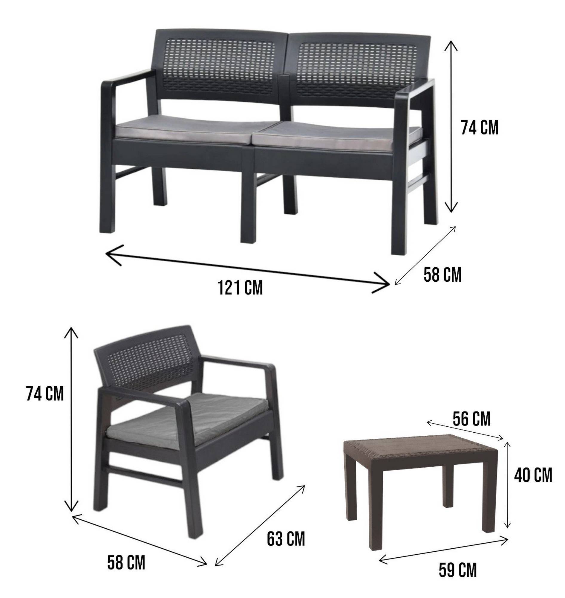 Dmora - Salon d'extérieur Dauter, Composition de jardin avec 2 fauteuils, 1 canapé et 1 table basse, Salon effet rotin avec coussins, Anthracite - Dmora - Imagen 3