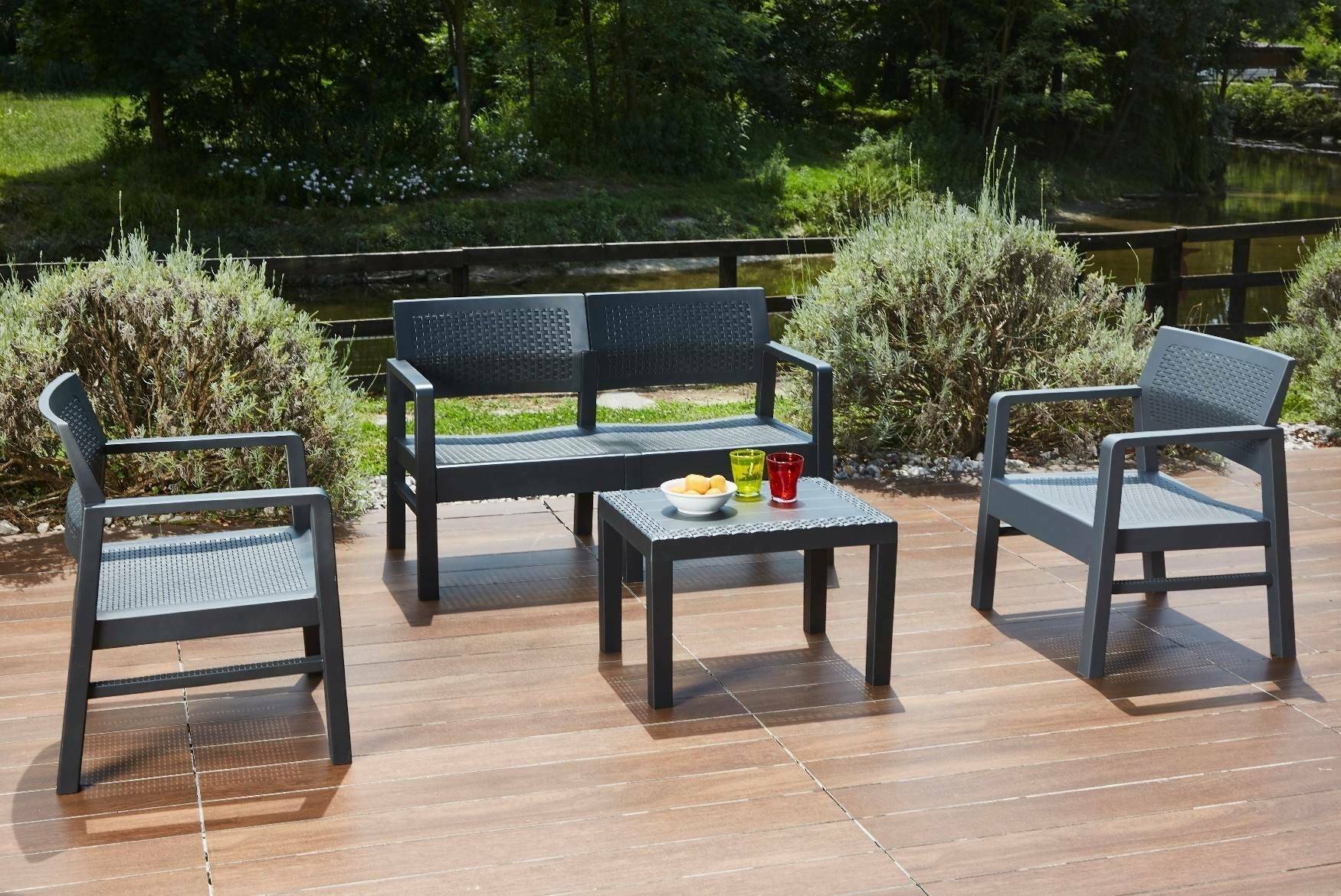 Dmora - Salon d'extérieur Dauter, Composition de jardin avec 2 fauteuils, 1 canapé et 1 table basse, Salon effet rotin avec coussins, Anthracite - Dmora - Imagen 6