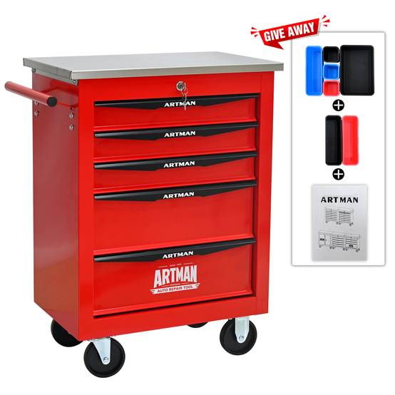 Servante Atelier 5 Tiroirs Acier Roulante Garage Verrouillable Rouge/Noir - ComfortXL Outdoor Living - Image 7