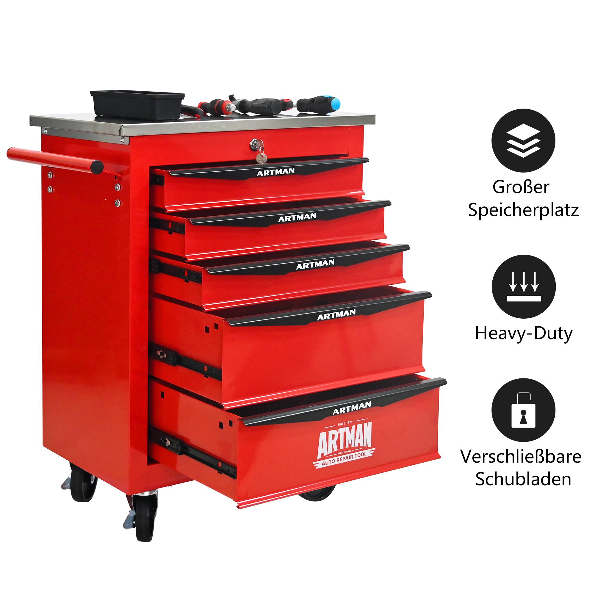 Servante Atelier 5 Tiroirs Acier Roulante Garage Verrouillable Rouge/Noir - ComfortXL Outdoor Living - Image 6