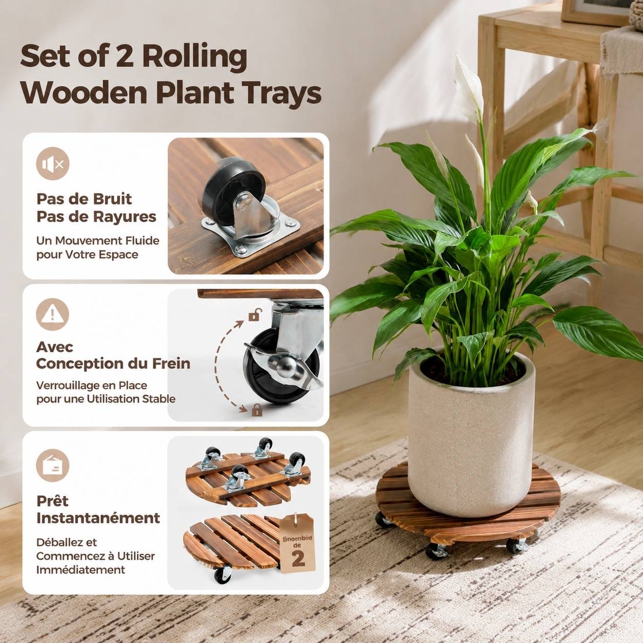 Lot de 2 Plateaux Roulants Plantes 30,5cm Roues pivotantes Verrouillables Capacité 100kg - Image 2