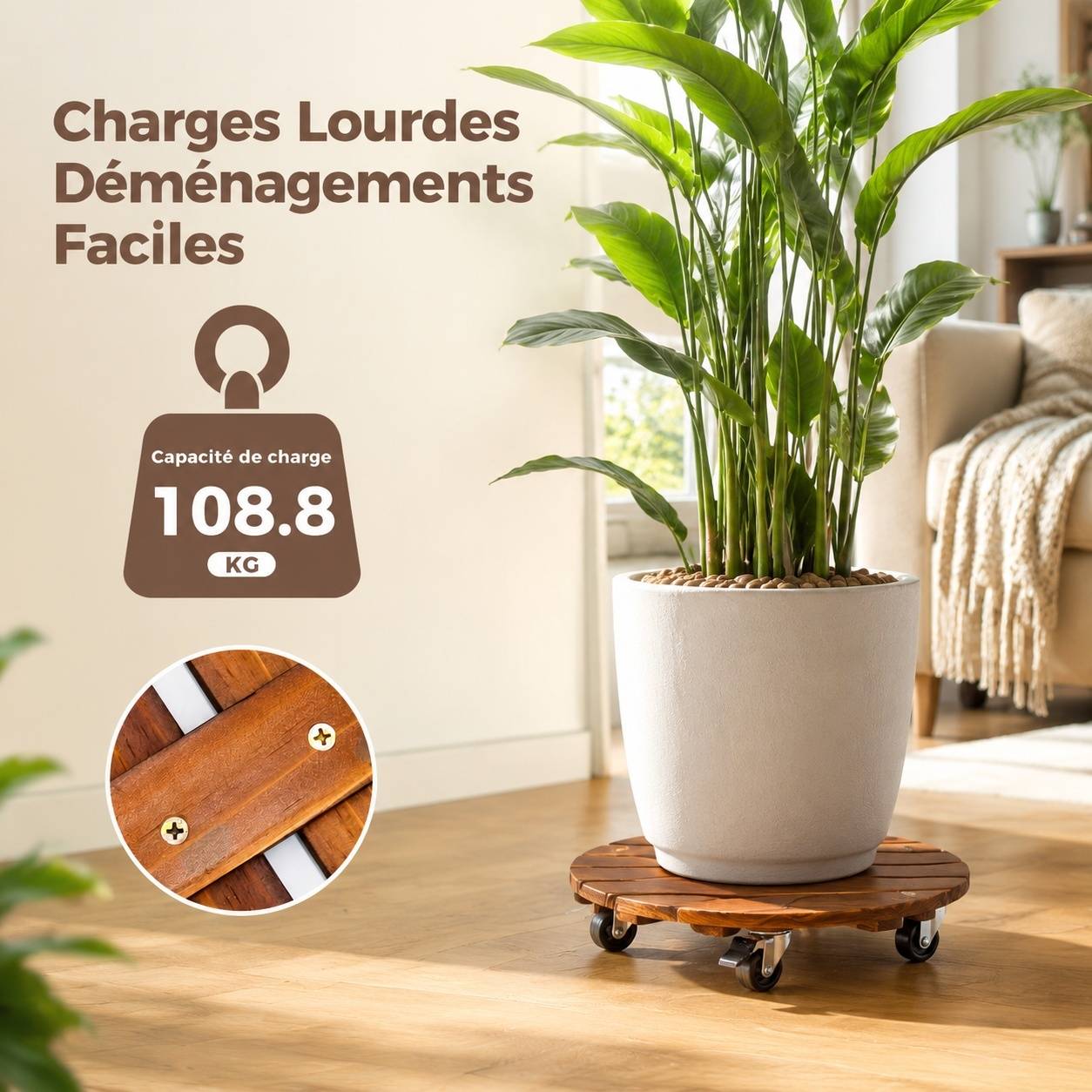 Lot de 2 Plateaux Roulants Plantes 30,5cm Roues pivotantes Verrouillables Capacité 100kg - Image 3