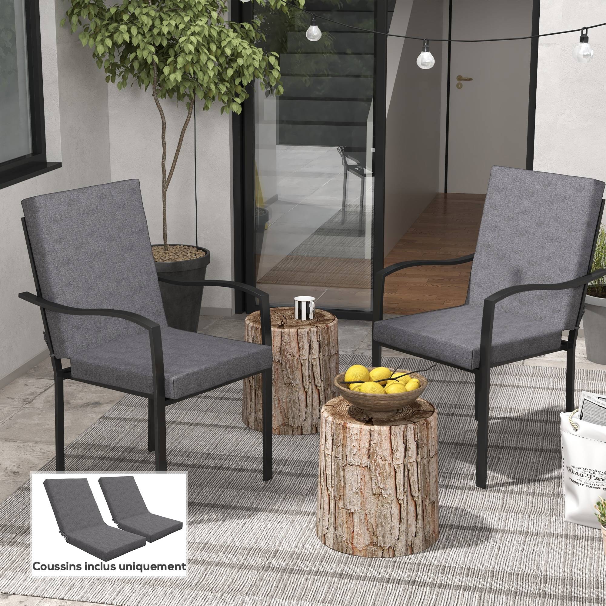 ComfortXL - Lot 2 coussins fauteuil jardin tissu polyester extérieur avec attaches 112x51cm gris foncé - ComfortXL Outdoor Living - Image 3
