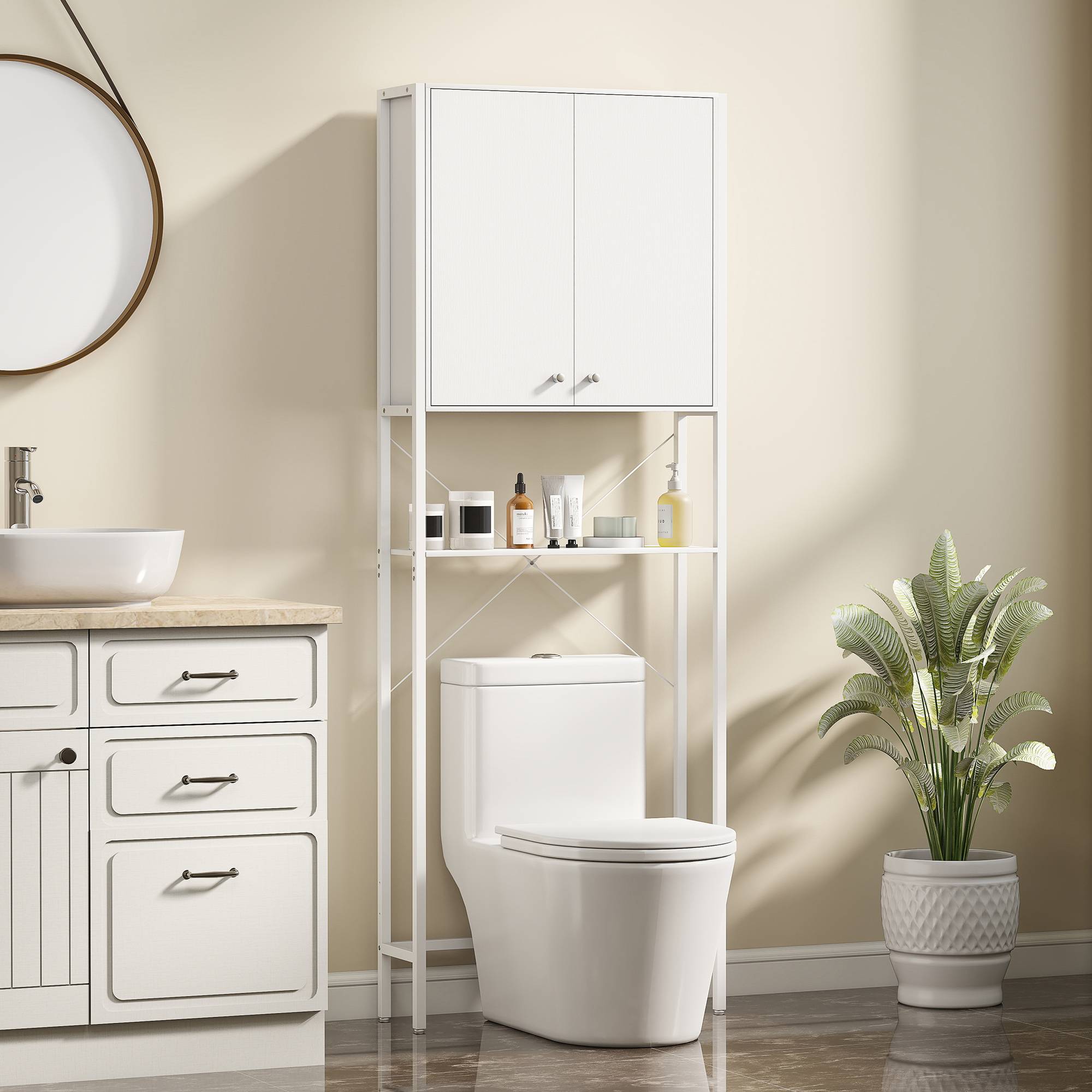 Sans Marque - Meuble salle bain dessus toilettes lave-linge placard étagère ouverte 64x20x180 cm blanc - Image 3