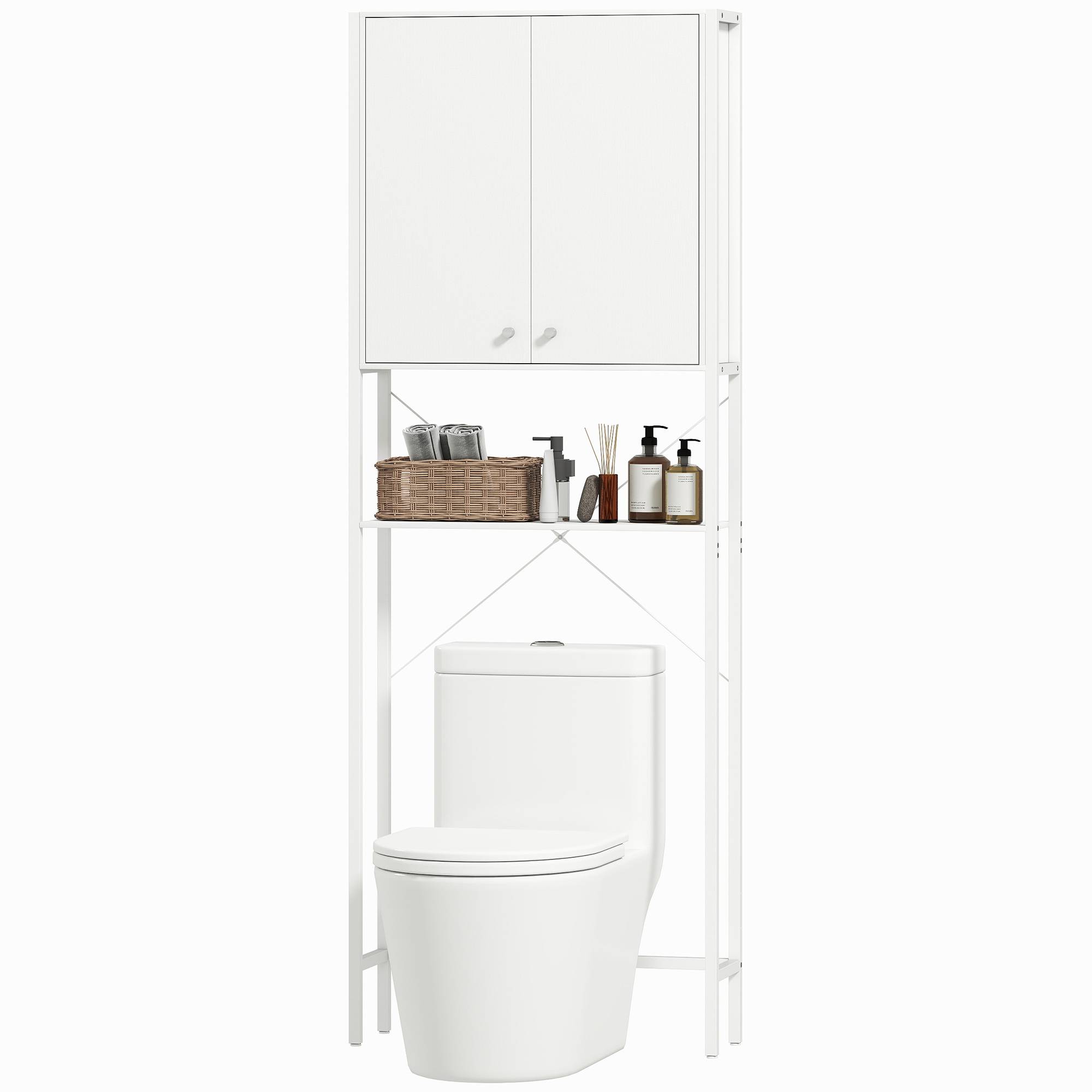 Sans Marque - Meuble salle bain dessus toilettes lave-linge placard étagère ouverte 64x20x180 cm blanc - Image 2