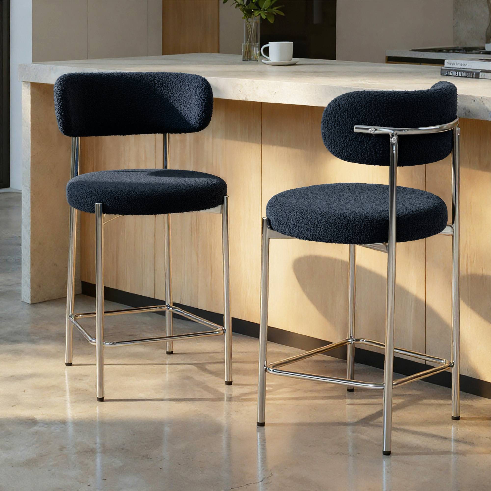 Sicaan Lot de 2 tabourets de bar bouclettes style contemporain NOVA bleu nuit