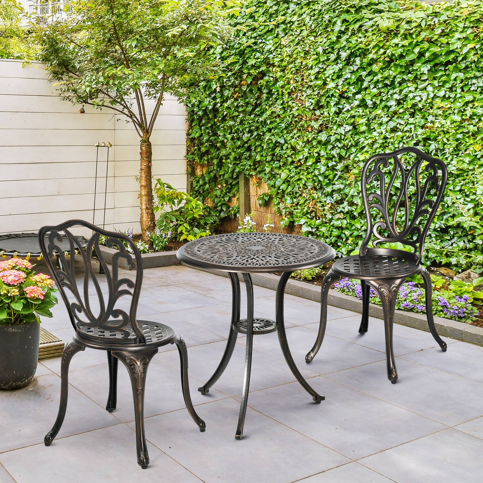 Ensemble Salon de Jardin 2 Places 2 chaises + Table Ronde style charme rétro en fonte d'aluminium, bronze - Image 4
