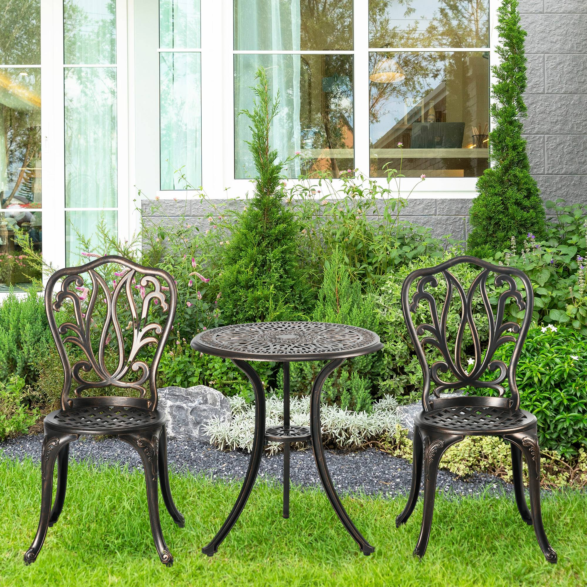 Ensemble Salon de Jardin 2 Places 2 chaises + Table Ronde style charme rétro en fonte d'aluminium, bronze - Image 3