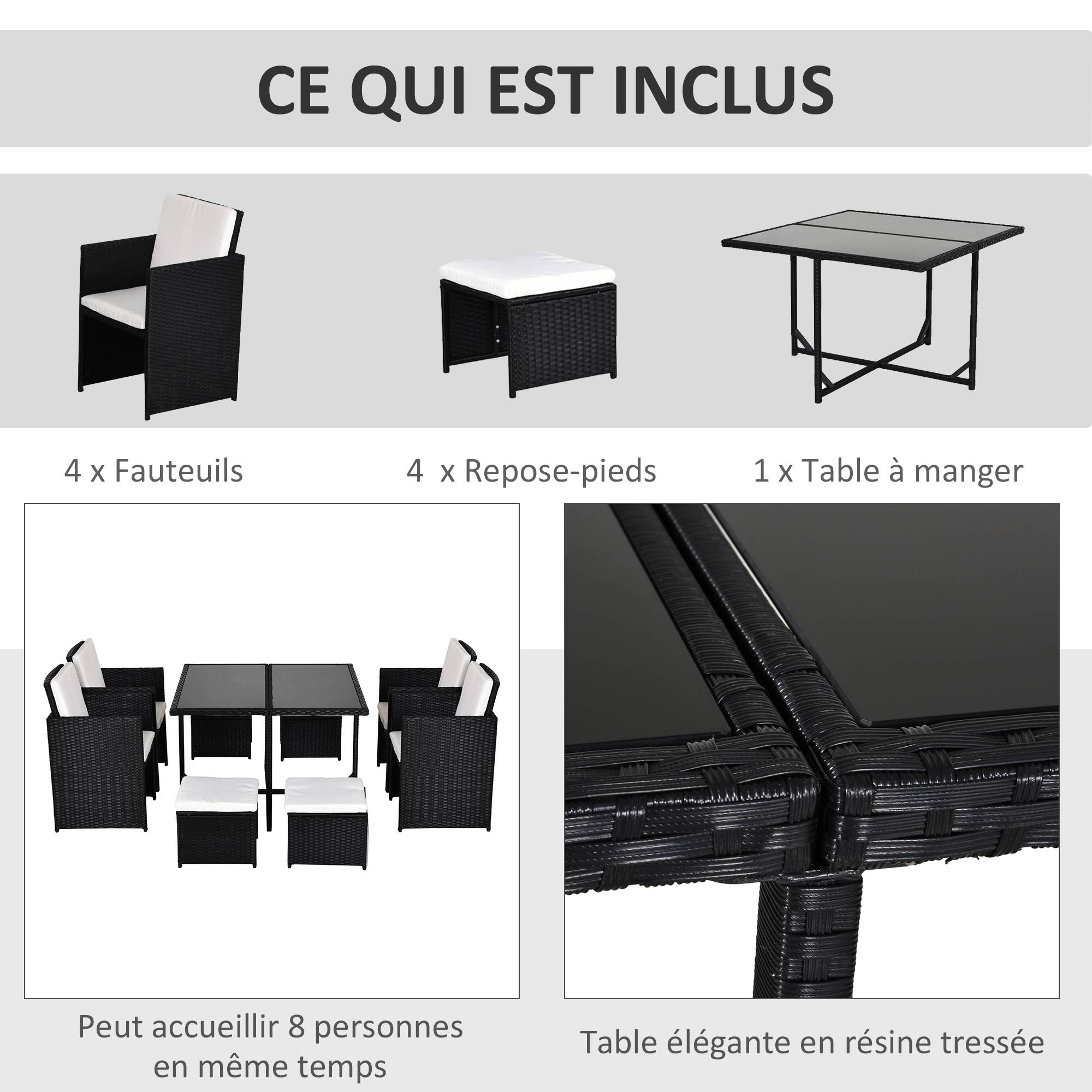 Outsunny - Ensemble salon de jardin encastrable 8 personnes 9 pièces résine tressée 4 fils imitation rotin noir coussins déhoussables crème - Outsunny - Imagen 5