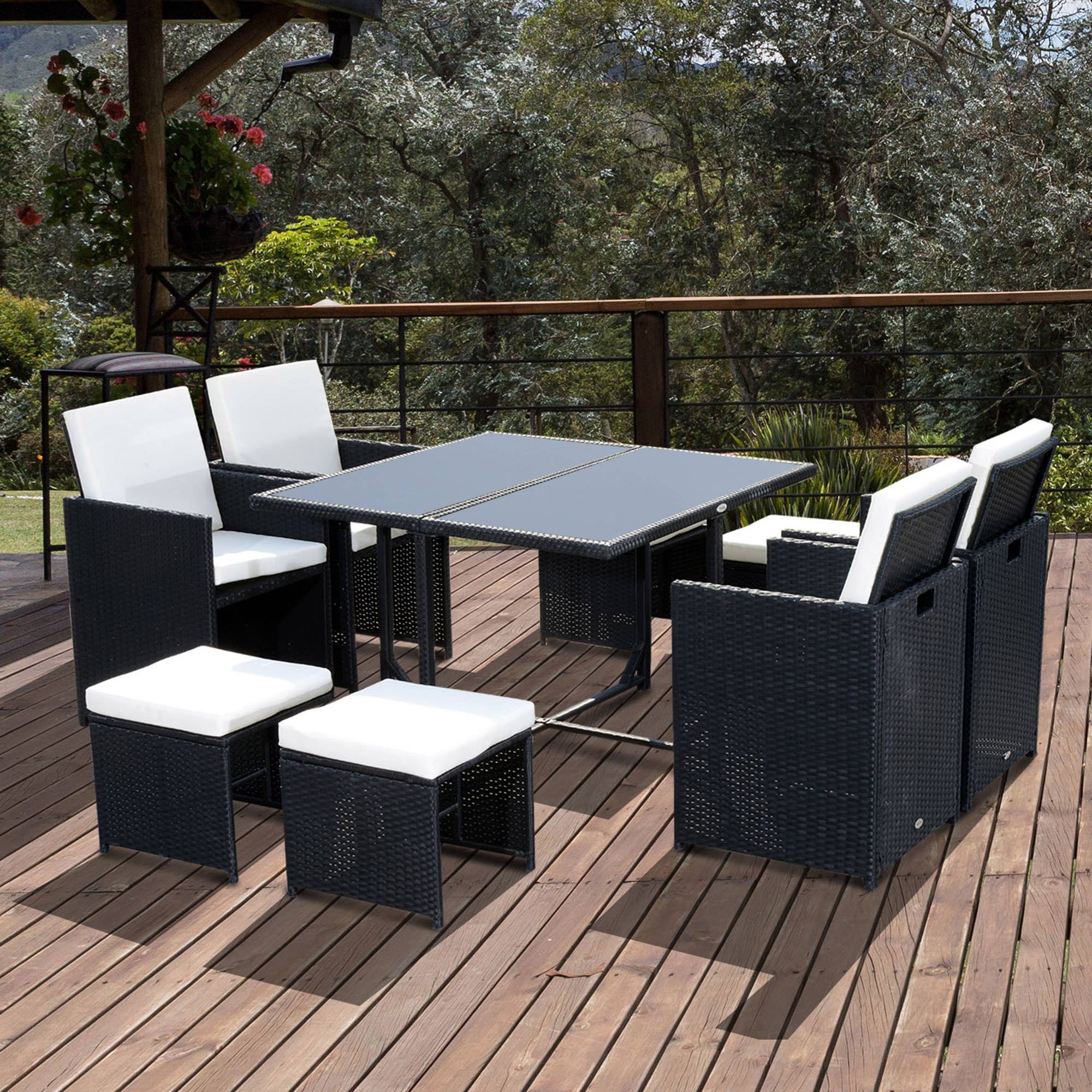 Outsunny - Ensemble salon de jardin encastrable 8 personnes 9 pièces résine tressée 4 fils imitation rotin noir coussins déhoussables crème - Outsunny - Imagen 2