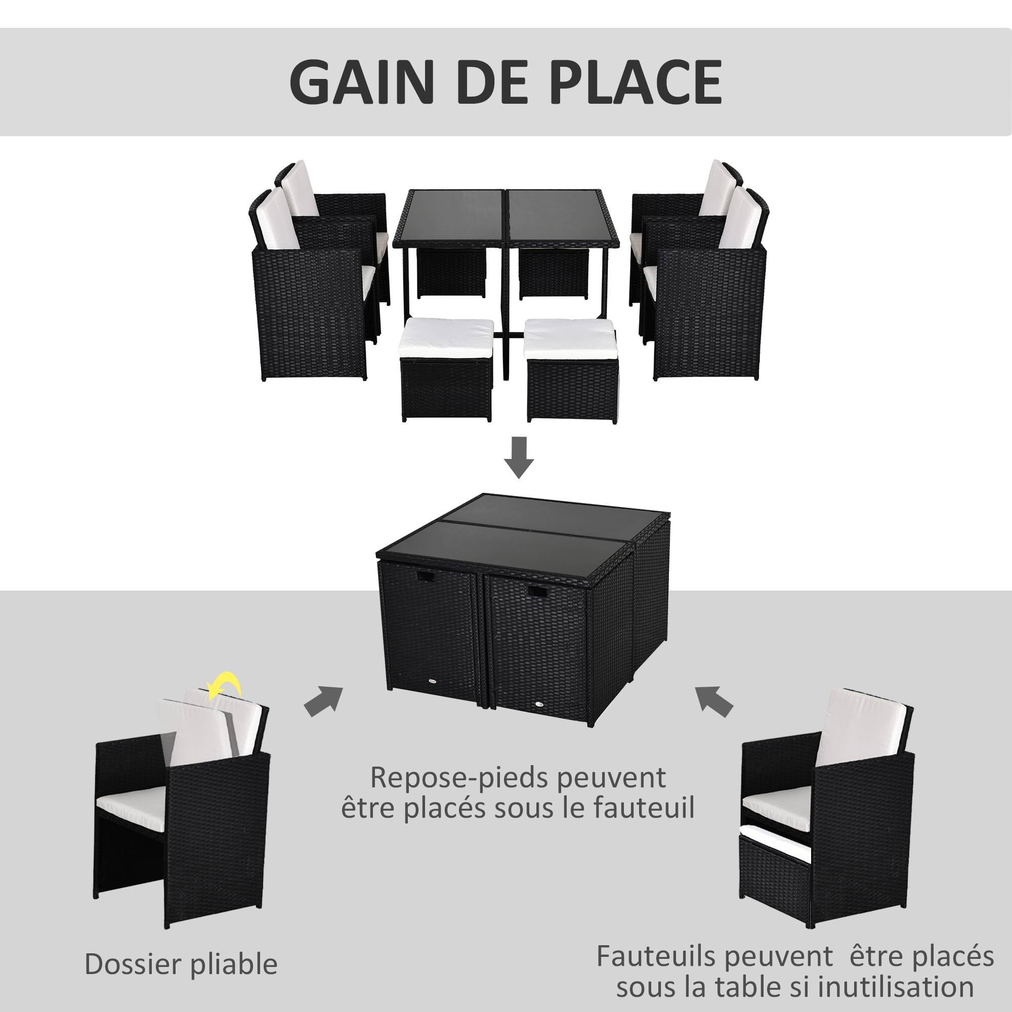 Outsunny - Ensemble salon de jardin encastrable 8 personnes 9 pièces résine tressée 4 fils imitation rotin noir coussins déhoussables crème - Outsunny - Imagen 6