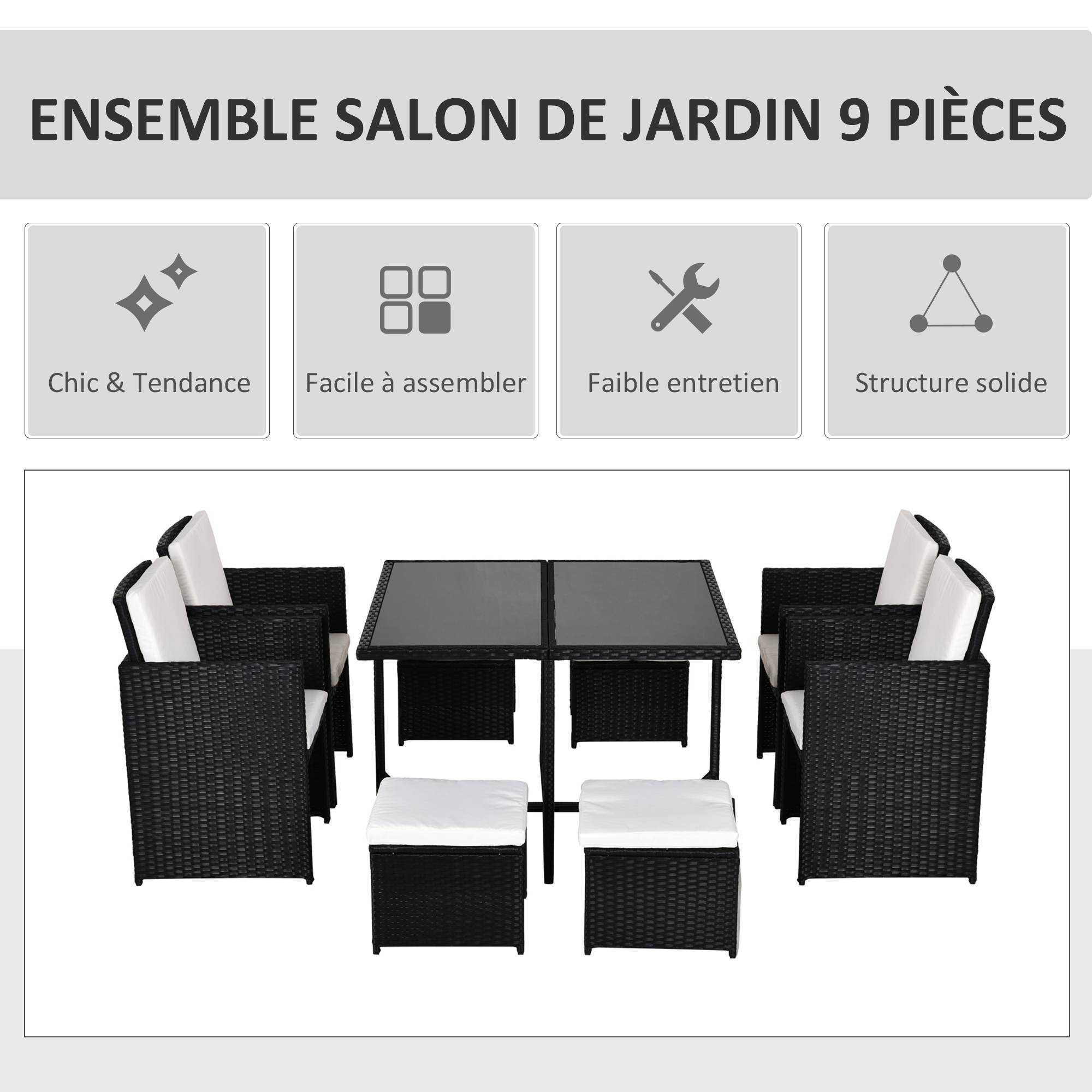 Outsunny - Ensemble salon de jardin encastrable 8 personnes 9 pièces résine tressée 4 fils imitation rotin noir coussins déhoussables crème - Outsunny - Imagen 4
