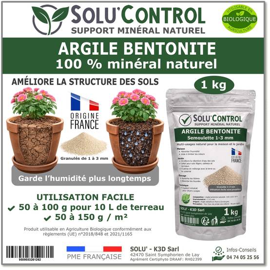 SOLU'CONTROL Argile Bentonite Naturelle 1 kg – Support Minéral Jardin – Améliore la Rétention en Eau des Sols et Terreaux - Image 1
