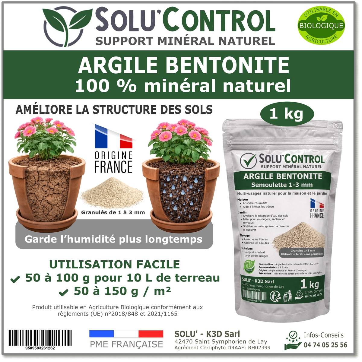 SOLU'CONTROL Argile Bentonite Naturelle 1 kg – Support Minéral Jardin – Améliore la Rétention en Eau des Sols et Terreaux - Image 1