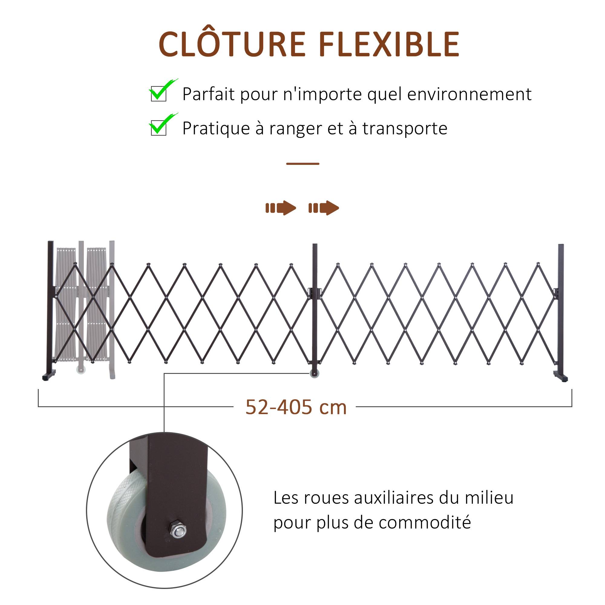 Barrière Extensible rétractable barrière de sécurité avec Roulette 405L x 31l x 104H cm alu métal Chocolat - Image 7