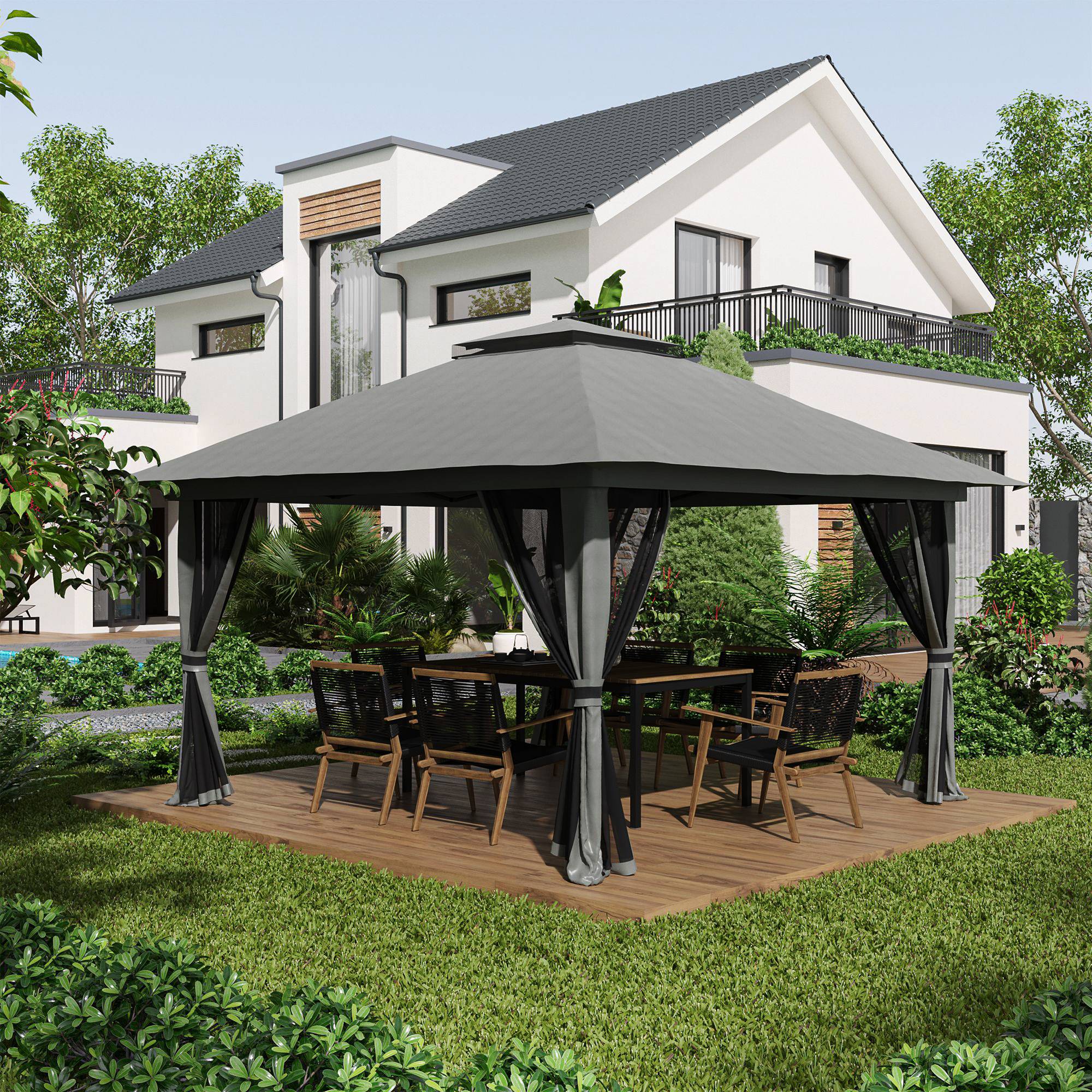 Tonnelle pliante pop-up métal pour jardin hauteur réglable 392x392cm gris foncé - ComfortXL Outdoor Living - Image 3