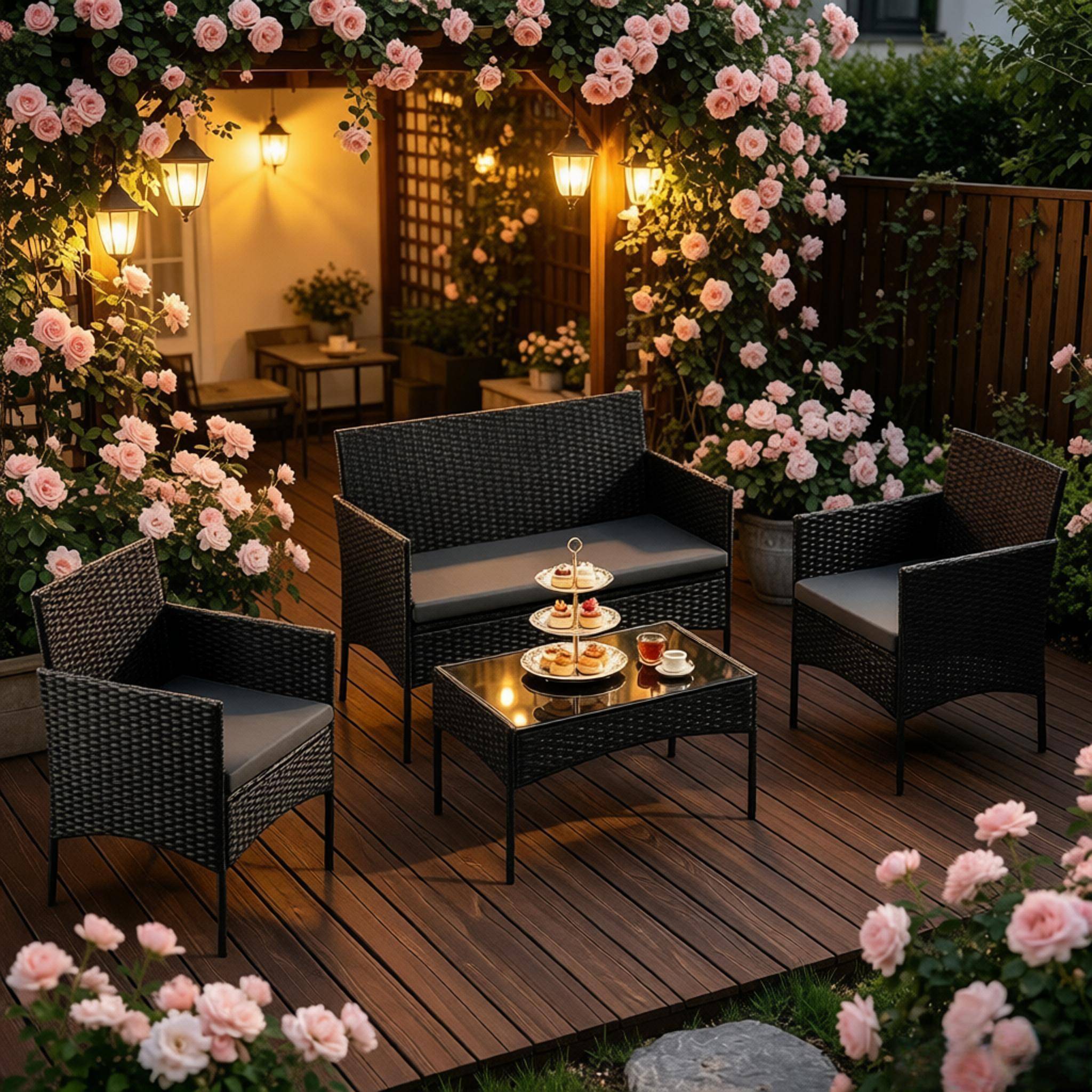 Salon de jardin 4 places en résine tressée pour terrasse et balcon coussins noir - ComfortXL Outdoor Living - Image 3