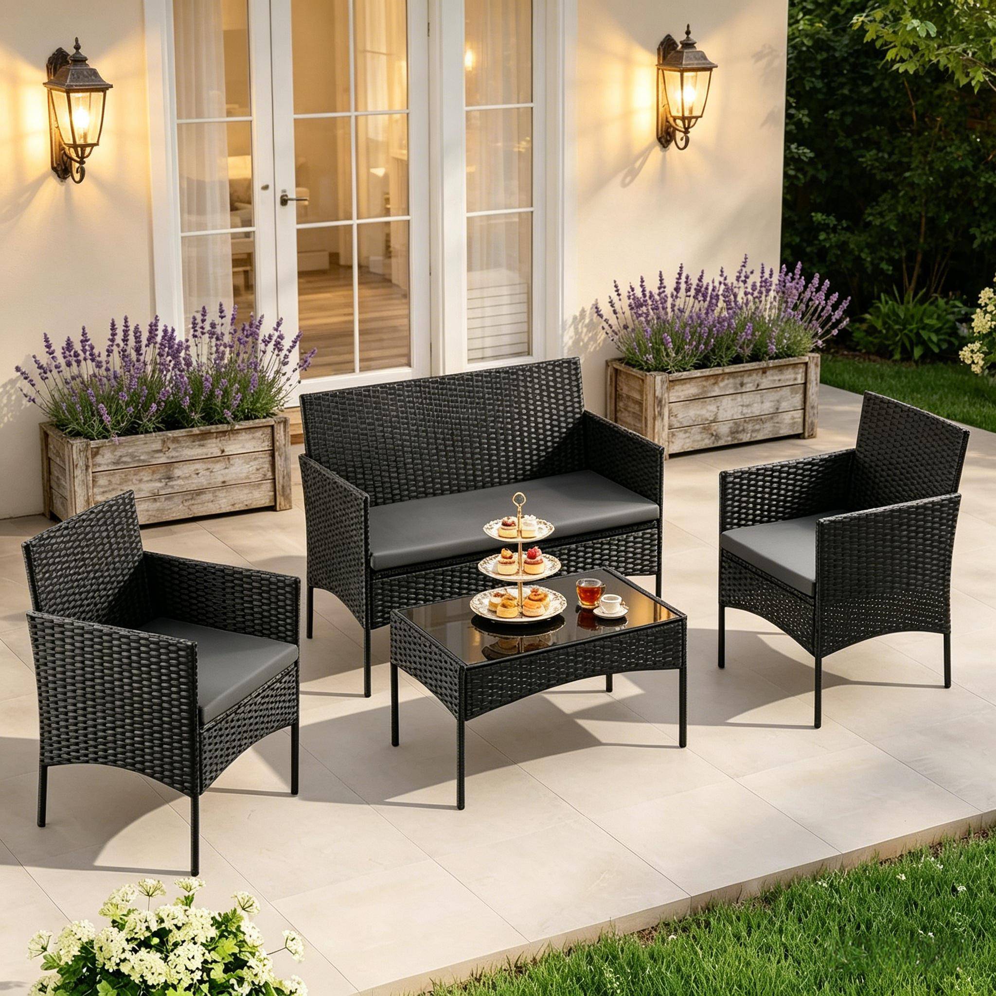 Salon de jardin 4 places en résine tressée pour terrasse et balcon coussins noir - ComfortXL Outdoor Living - Image 2