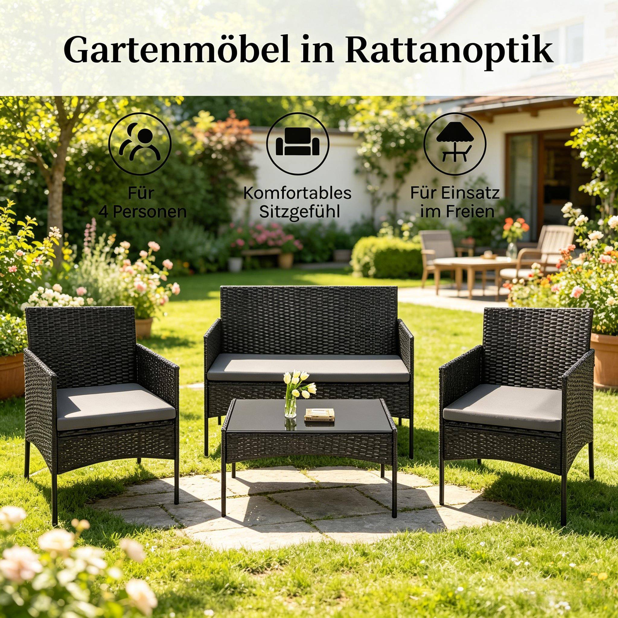 Salon de jardin 4 places en résine tressée pour terrasse et balcon coussins noir - ComfortXL Outdoor Living - Image 7