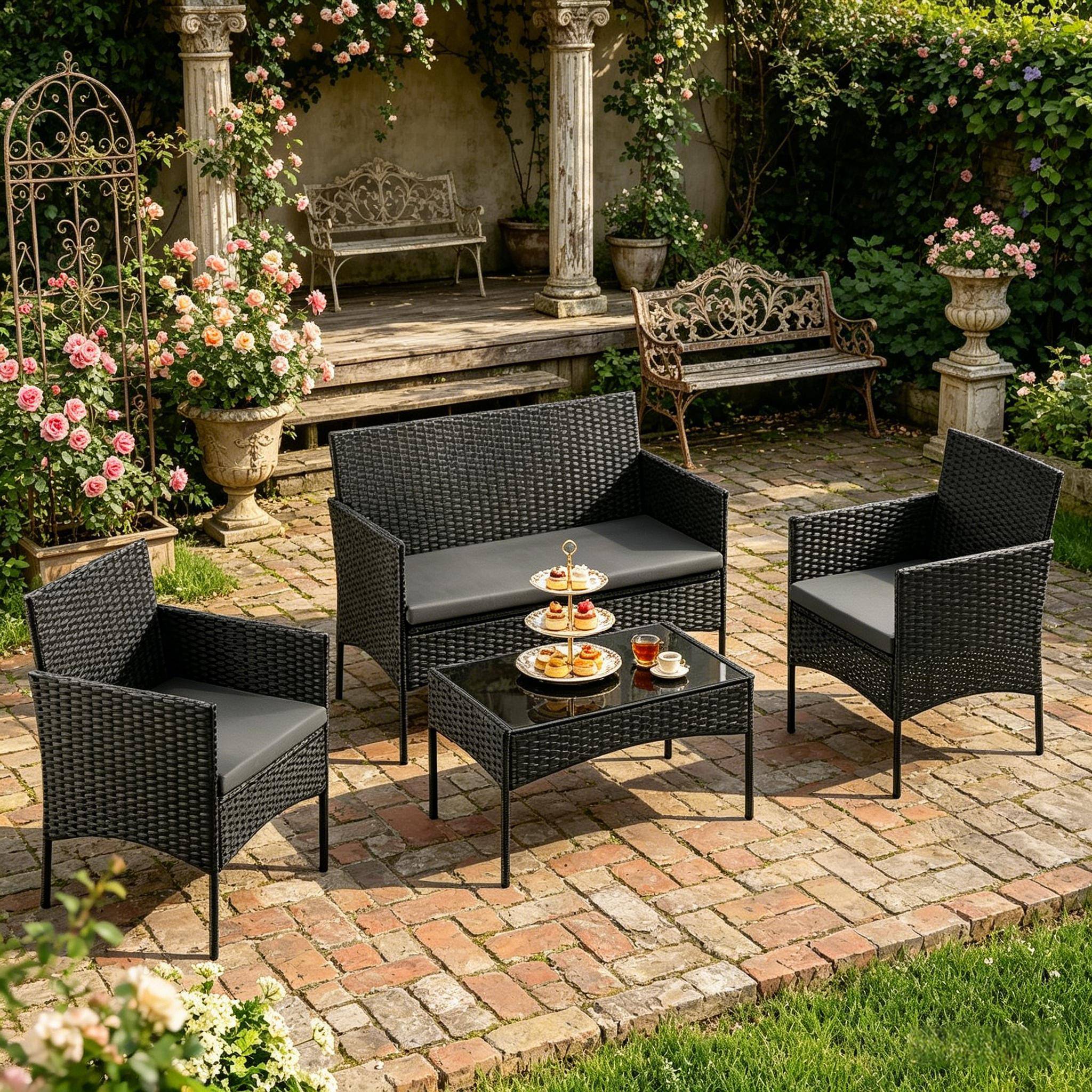Salon de jardin 4 places en résine tressée pour terrasse et balcon coussins noir - ComfortXL Outdoor Living - Image 4