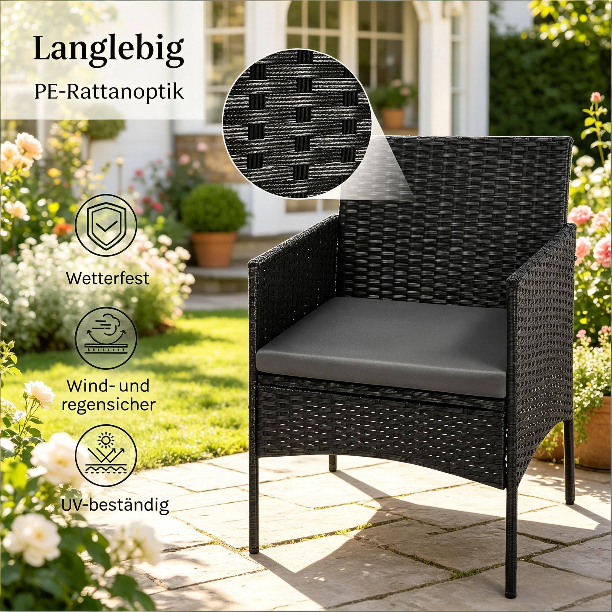Salon de jardin 4 places en résine tressée pour terrasse et balcon coussins noir - ComfortXL Outdoor Living - Image 5