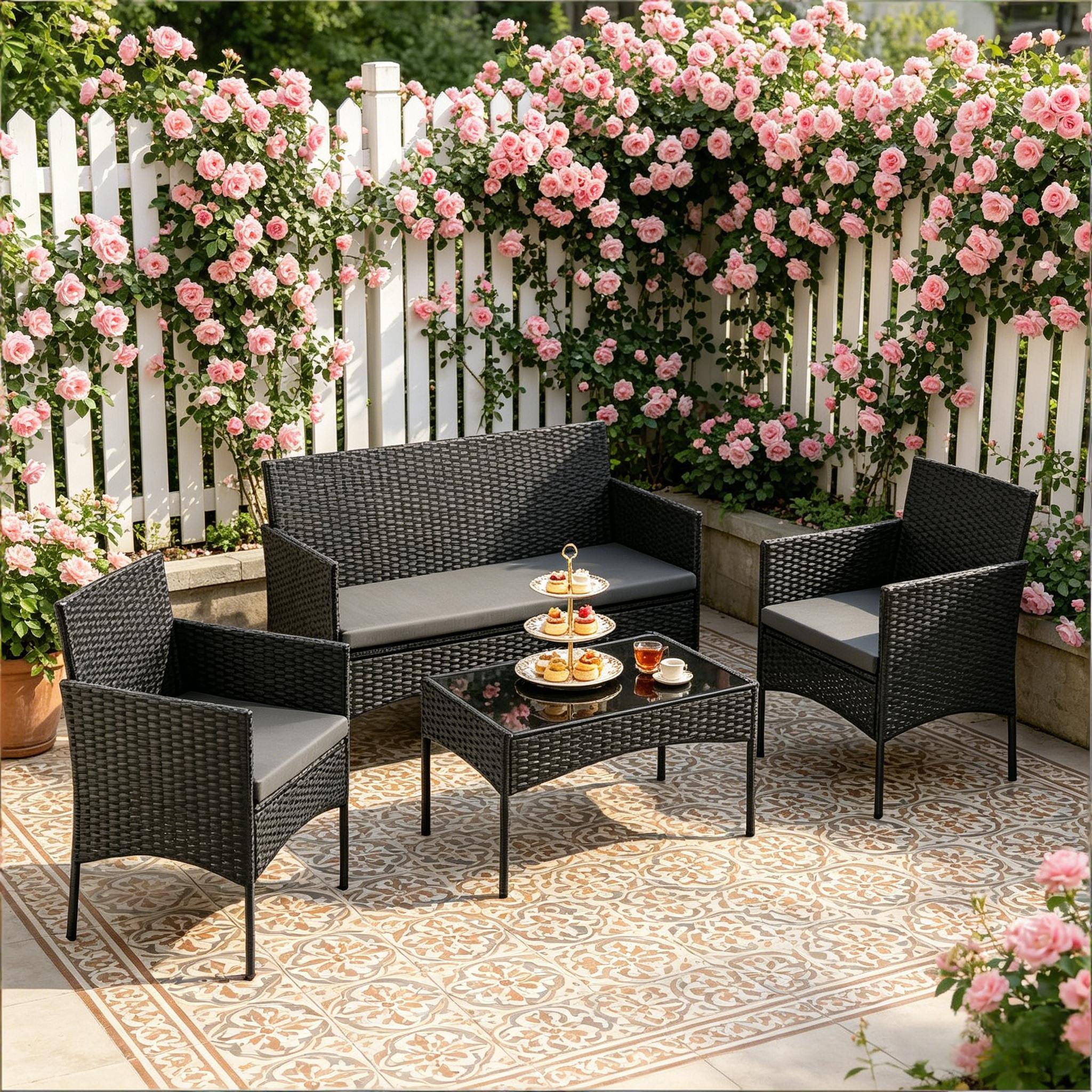 Salon de jardin 4 places en résine tressée pour terrasse et balcon coussins noir - ComfortXL Outdoor Living