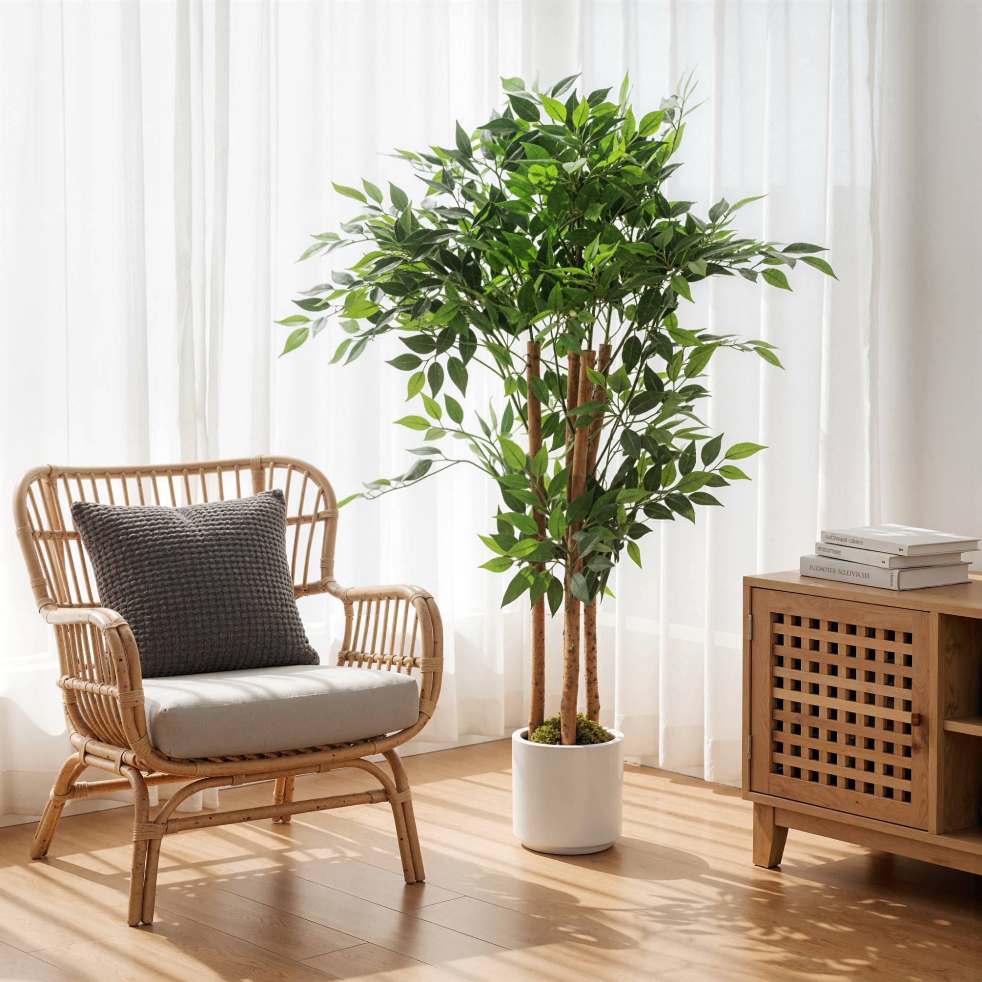 Sans Marque - Arbre artificiel de banian, plante artificielle avec tronc en bois massif, pot, pour salon, chambre, bureau, 55 x 55 x 120 cm, vert - Image 3