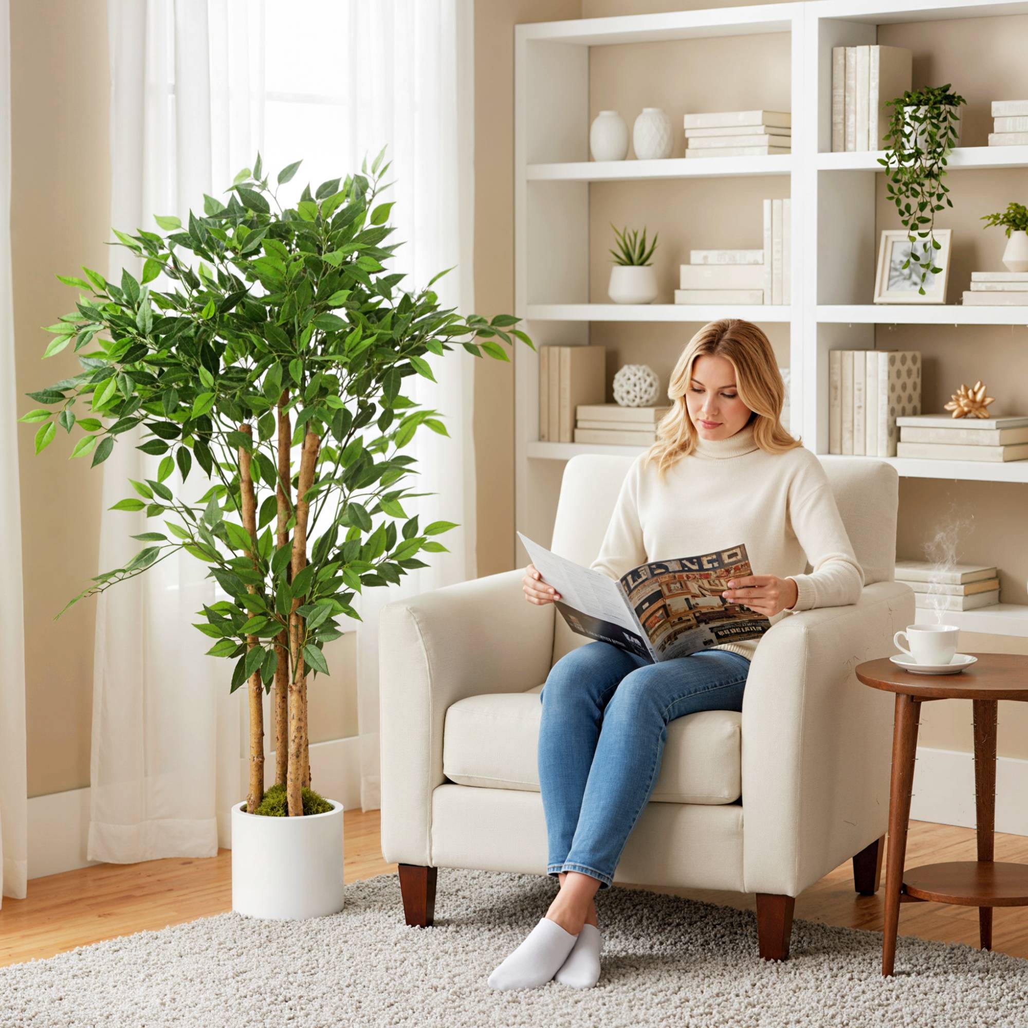 Sans Marque - Arbre artificiel de banian, plante artificielle avec tronc en bois massif, pot, pour salon, chambre, bureau, 55 x 55 x 120 cm, vert - Image 4