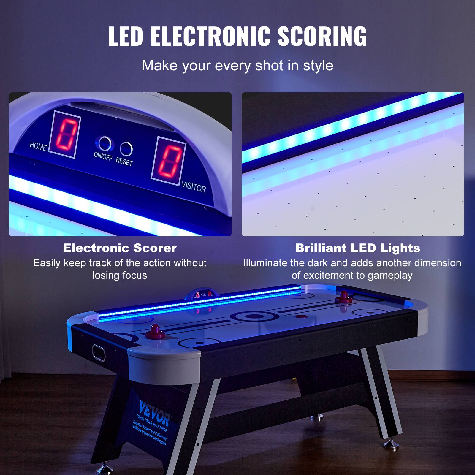 VEVOR Table air hockey 183 cm, score électronique LED. 2 palets, poussoirs. Intérieur. - Image 5
