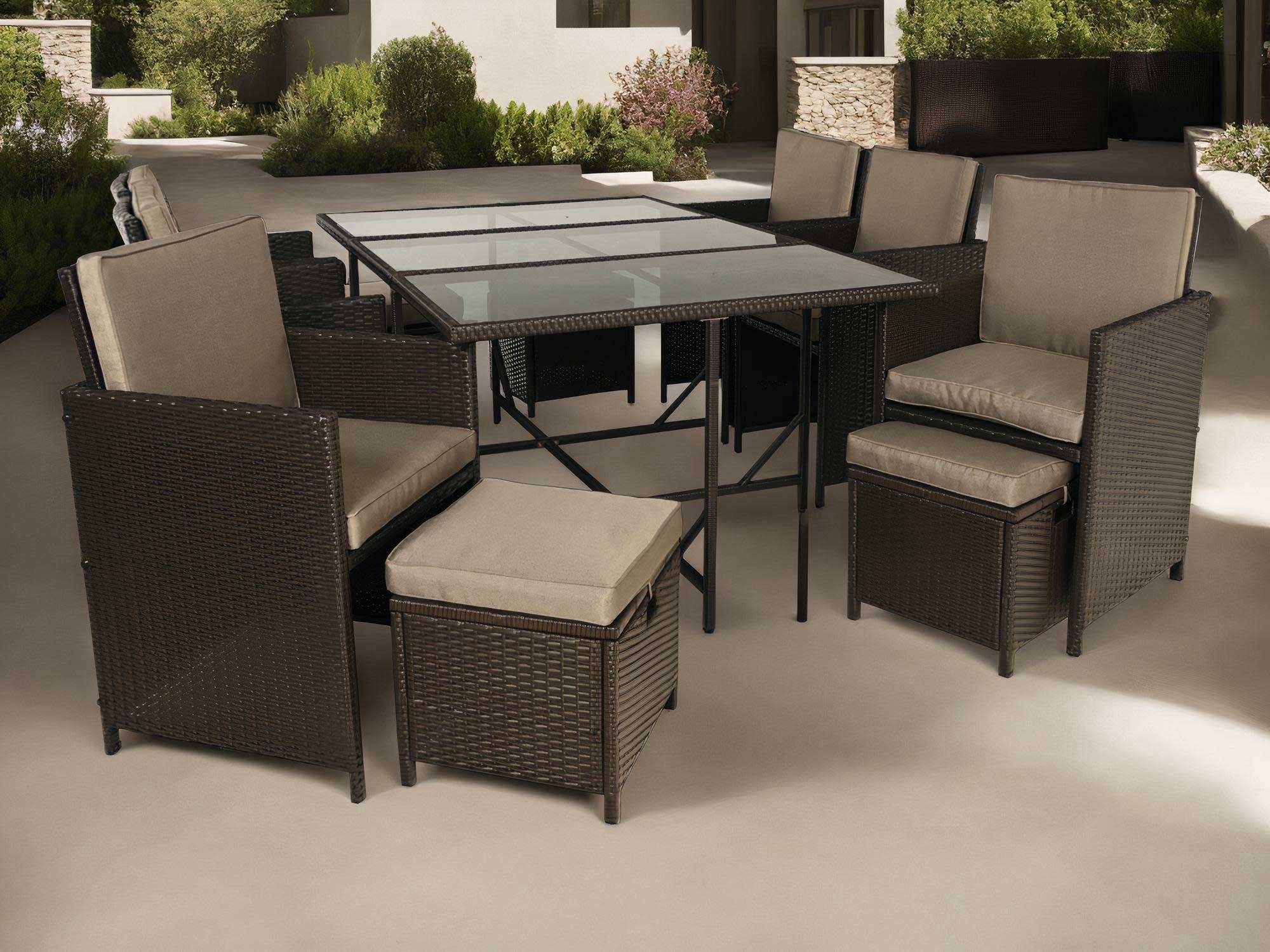 Best Mobilier - Tao - salon de jardin encastrable 10 places - résine tressée marron - coussins taupe - plateau en verre + housse de protection - Best Mobilier - Imagen 2
