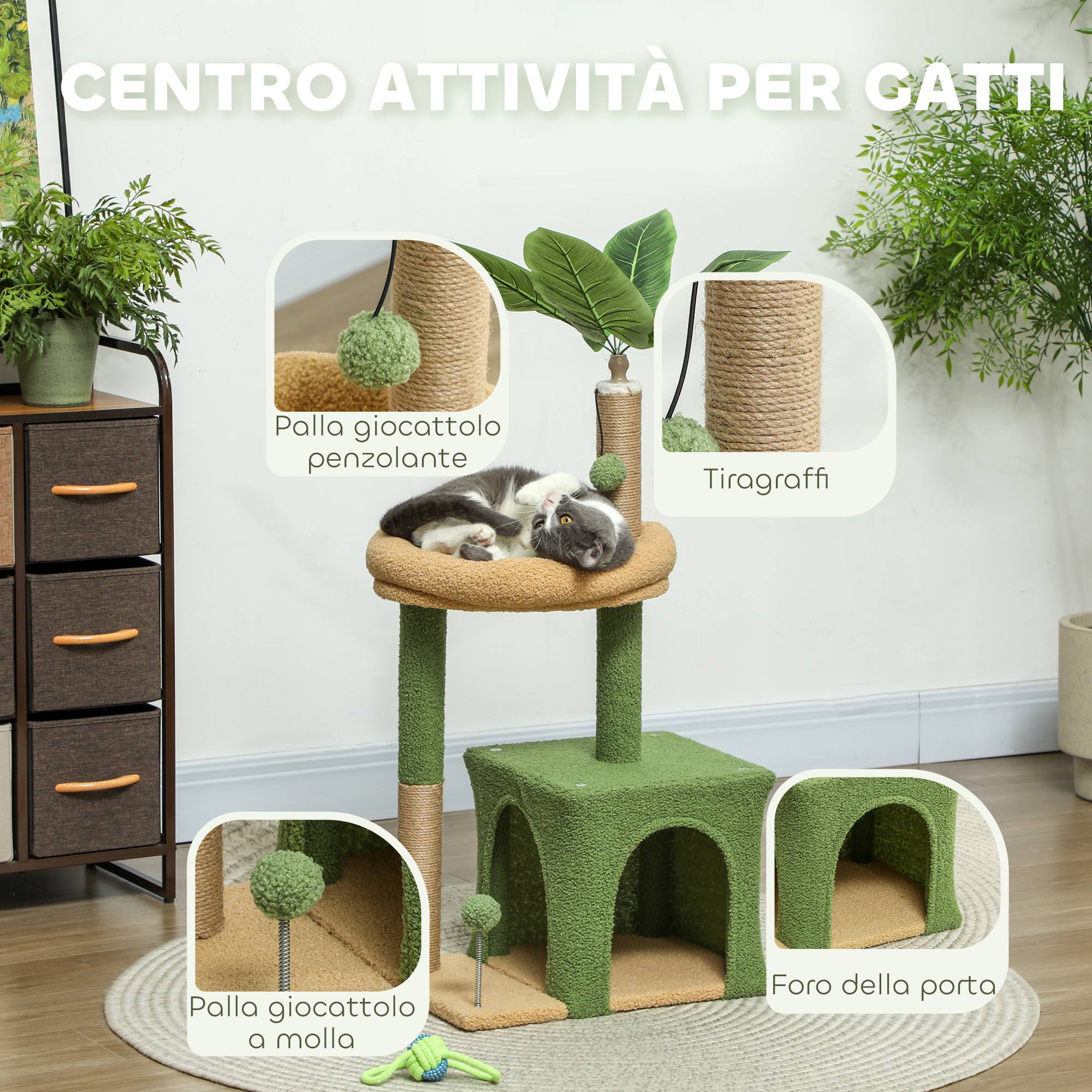 Arbre à chat design palmier bois velours pour chats griffoir jute et jeux 98cm vert - ComfortXL Outdoor Living - Image 8