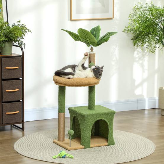 Arbre à chat design palmier bois velours pour chats griffoir jute et jeux 98cm vert - ComfortXL Outdoor Living - Image 3
