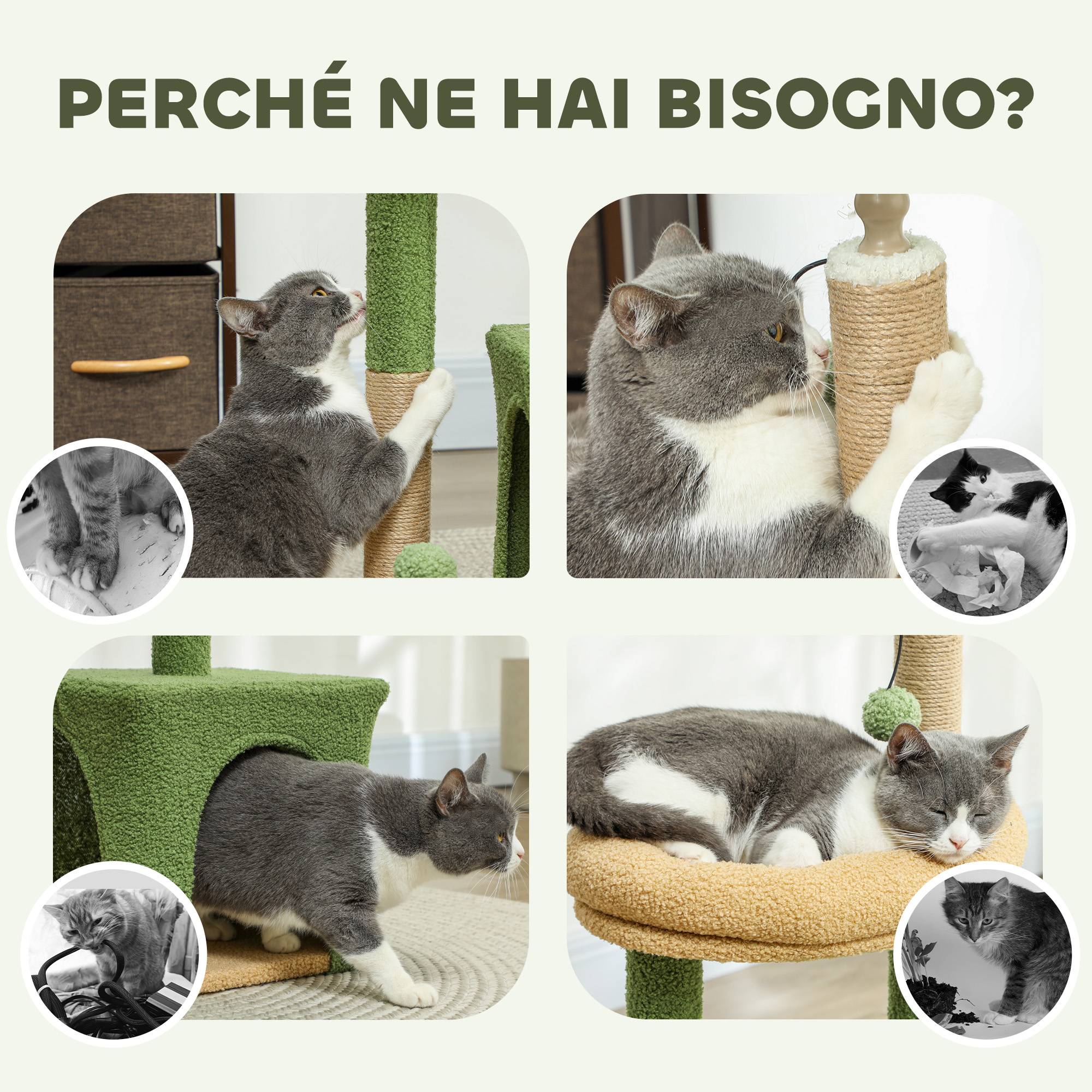Arbre à chat design palmier bois velours pour chats griffoir jute et jeux 98cm vert - ComfortXL Outdoor Living - Image 9