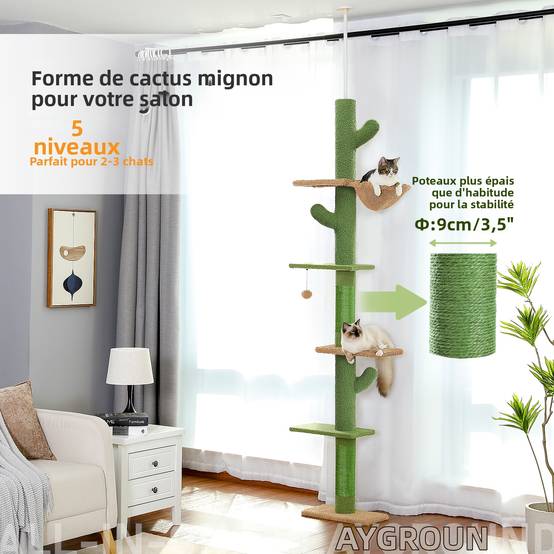 Arbre à Chat du Sol au Plafond avec 5 Niveaux Cactus PAWZ Road - Image 3