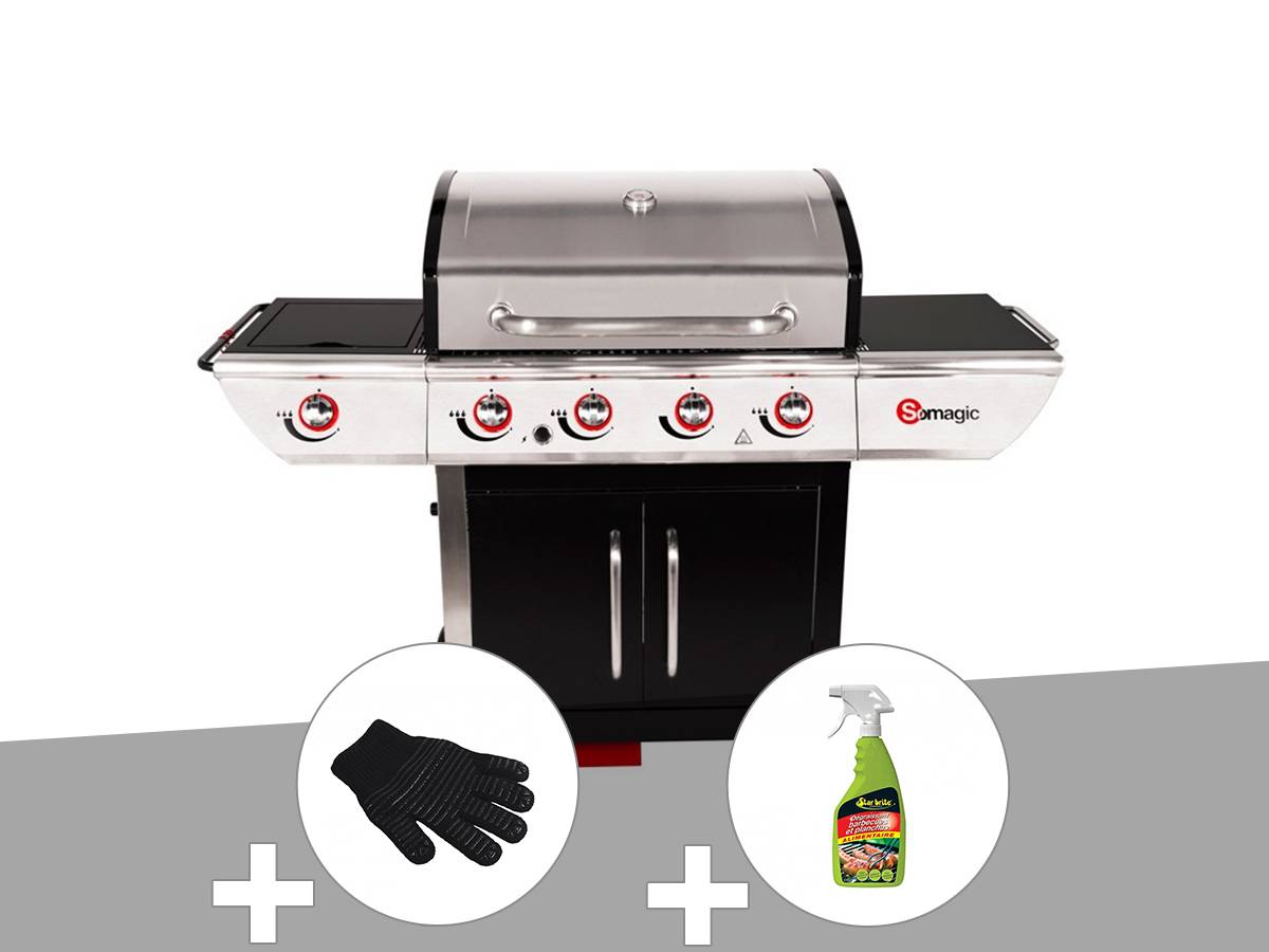 Somagic - Barbecue à gaz avec chariot Manhattan 450GPI + plancha + Gant de protection + Dégraissant pour barbecue