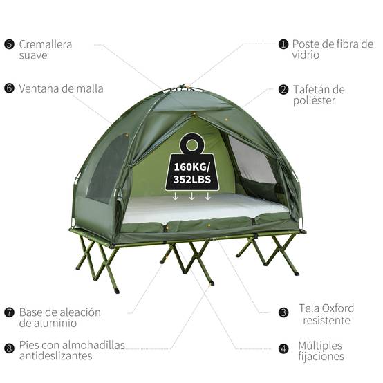 Lit de Camp Double 4-en-1 avec Tente, Matelas Gonflable et Sac, Structure Acier et Toile Oxford, 193 x 145 x 180 cm, Vert - Image 8