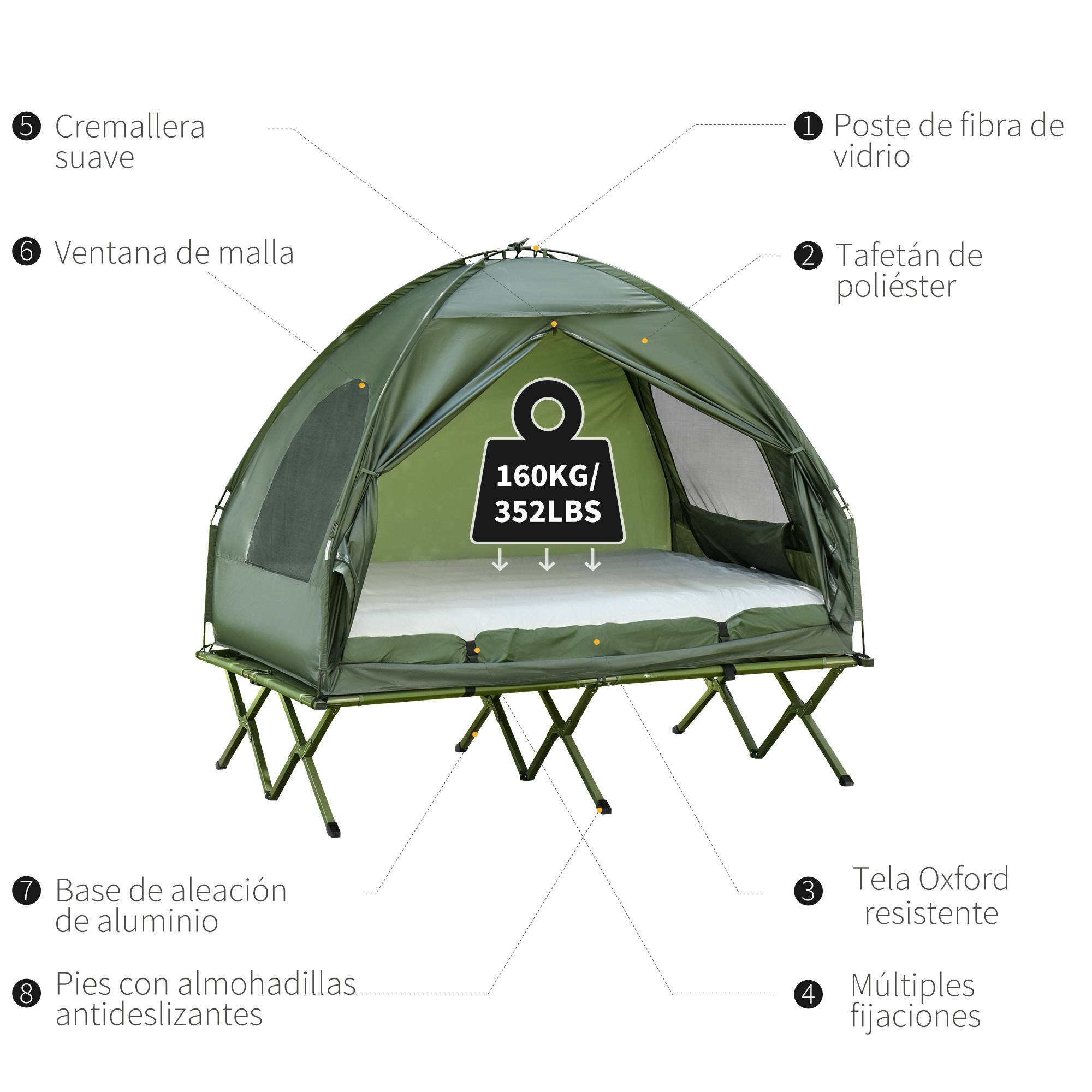 Lit de Camp Double 4-en-1 avec Tente, Matelas Gonflable et Sac, Structure Acier et Toile Oxford, 193 x 145 x 180 cm, Vert - Image 8