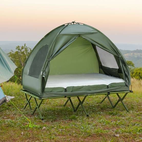 Lit de Camp Double 4-en-1 avec Tente, Matelas Gonflable et Sac, Structure Acier et Toile Oxford, 193 x 145 x 180 cm, Vert - Image 2