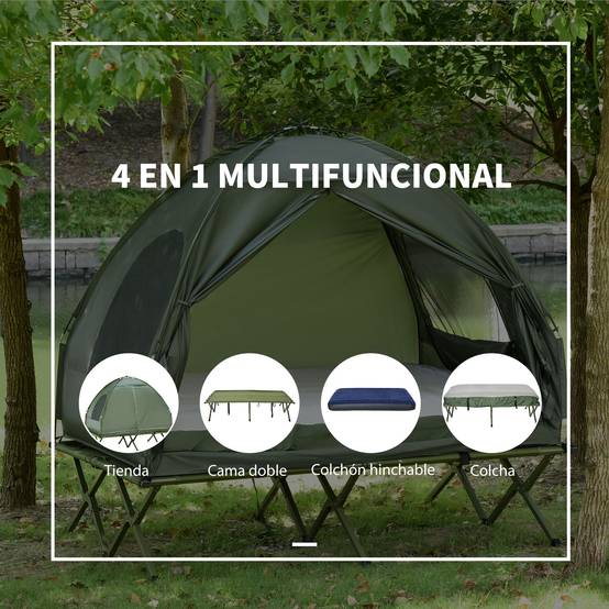 Lit de Camp Double 4-en-1 avec Tente, Matelas Gonflable et Sac, Structure Acier et Toile Oxford, 193 x 145 x 180 cm, Vert - Image 5