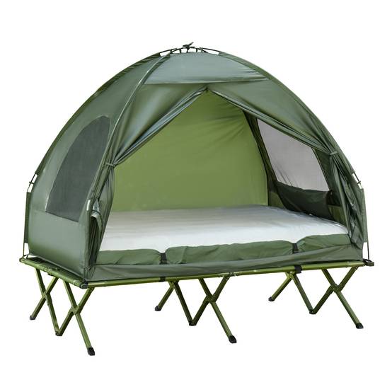 Lit de Camp Double 4-en-1 avec Tente, Matelas Gonflable et Sac, Structure Acier et Toile Oxford, 193 x 145 x 180 cm, Vert - Image 1
