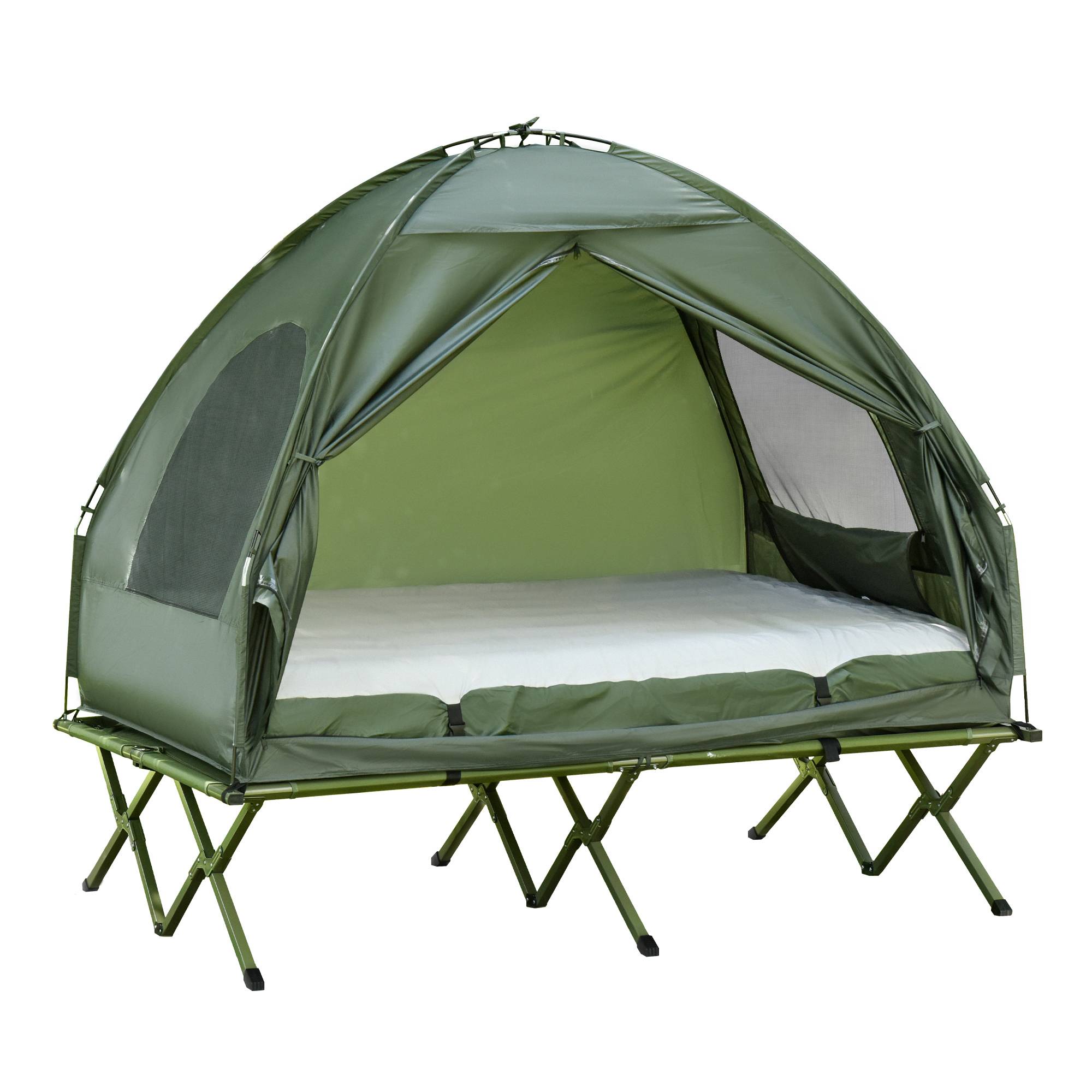 Lit de Camp Double 4-en-1 avec Tente, Matelas Gonflable et Sac, Structure Acier et Toile Oxford, 193 x 145 x 180 cm, Vert - Image 1