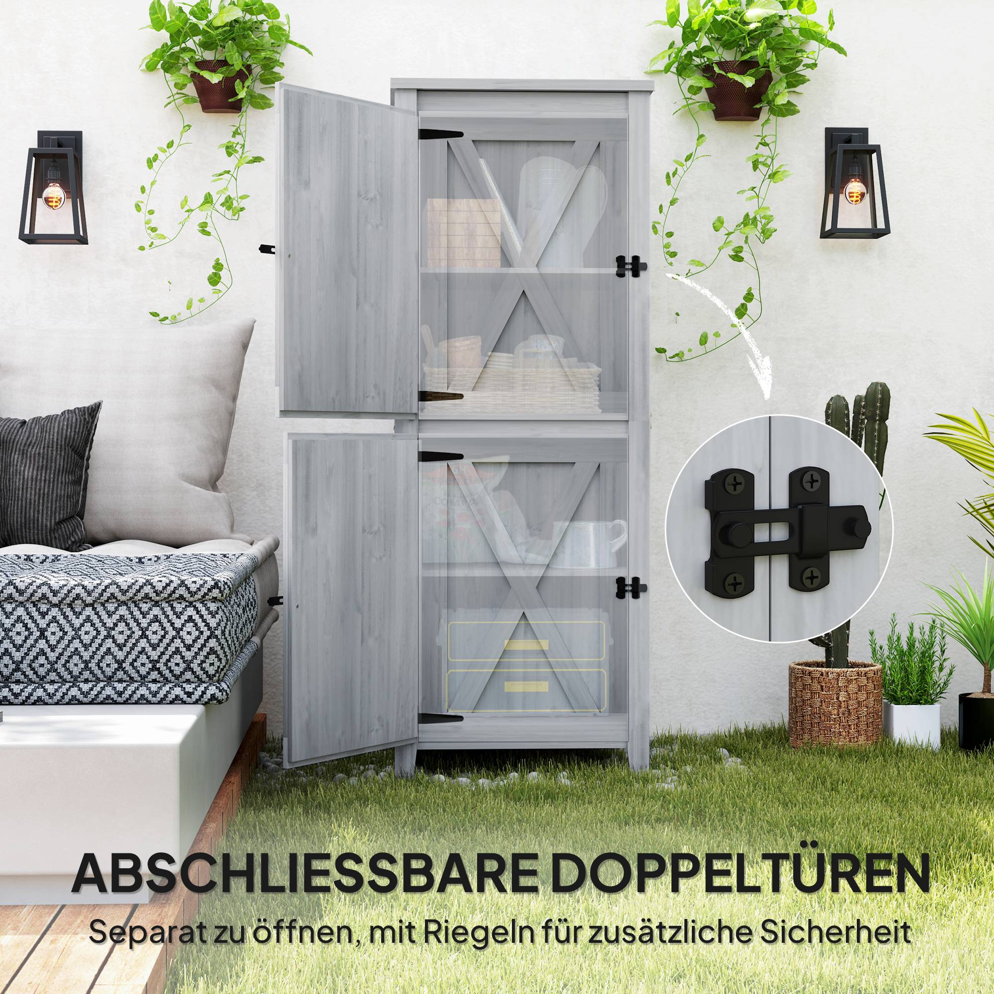 Abri bois compact pour outils et matériel, portes verrouillables, gris clair - Image 8