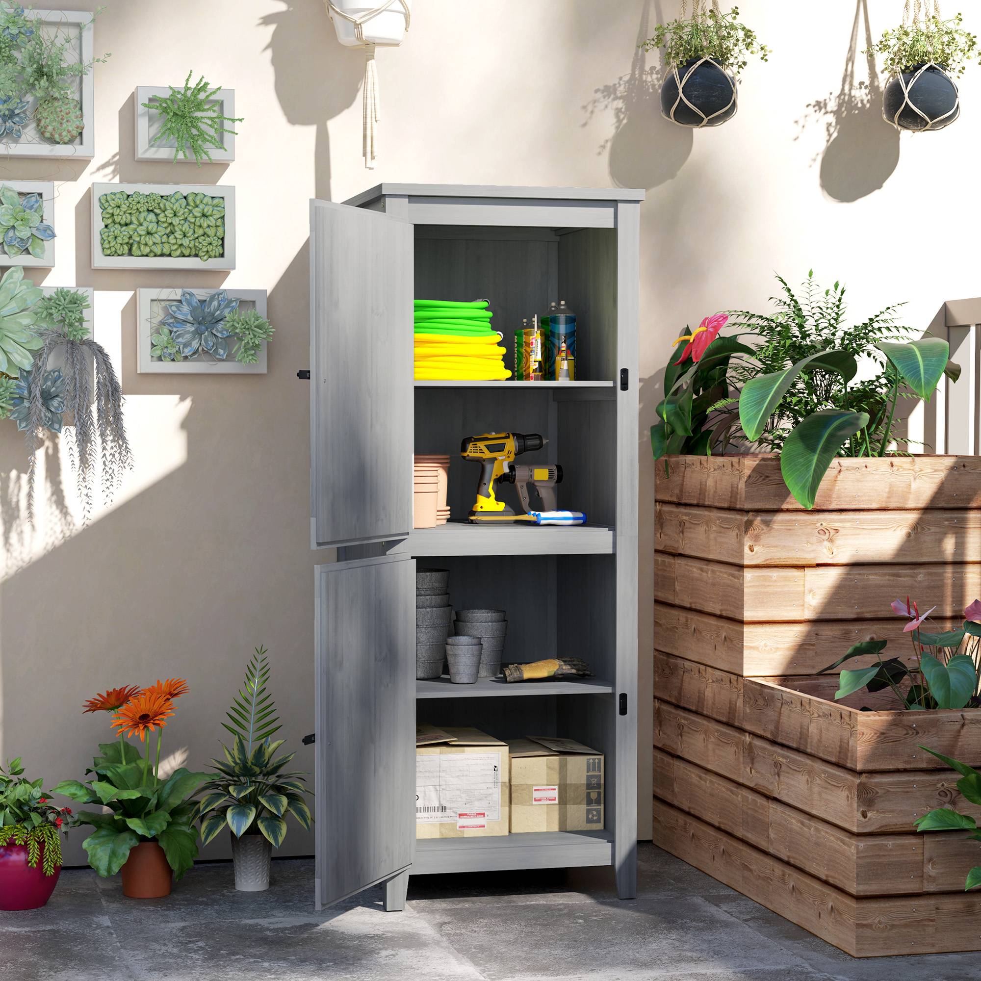 Abri bois compact pour outils et matériel, portes verrouillables, gris clair - Image 3