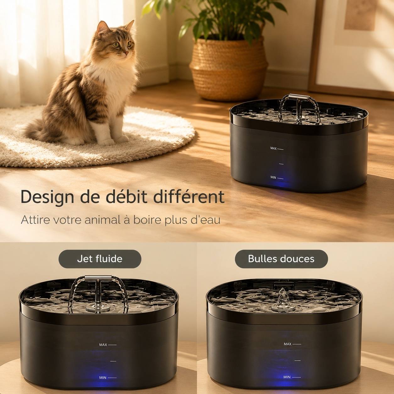 Fontaine à Eau Automatique pour Animaux 2.2L Triple Filtrage Silencieuse Débit Double Niveau Visible - Image 2