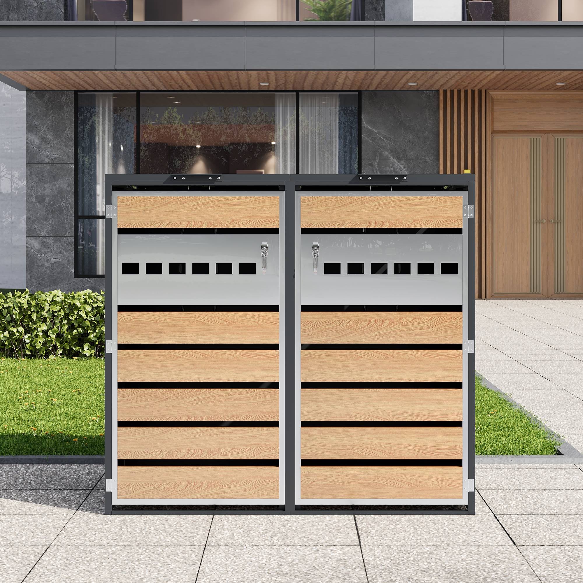 PANGIVO - Mülltonnenbox avec bois imitation et compartiments séparés, 132 x 80 x 118,5 cm - PANGIVO - Image 5