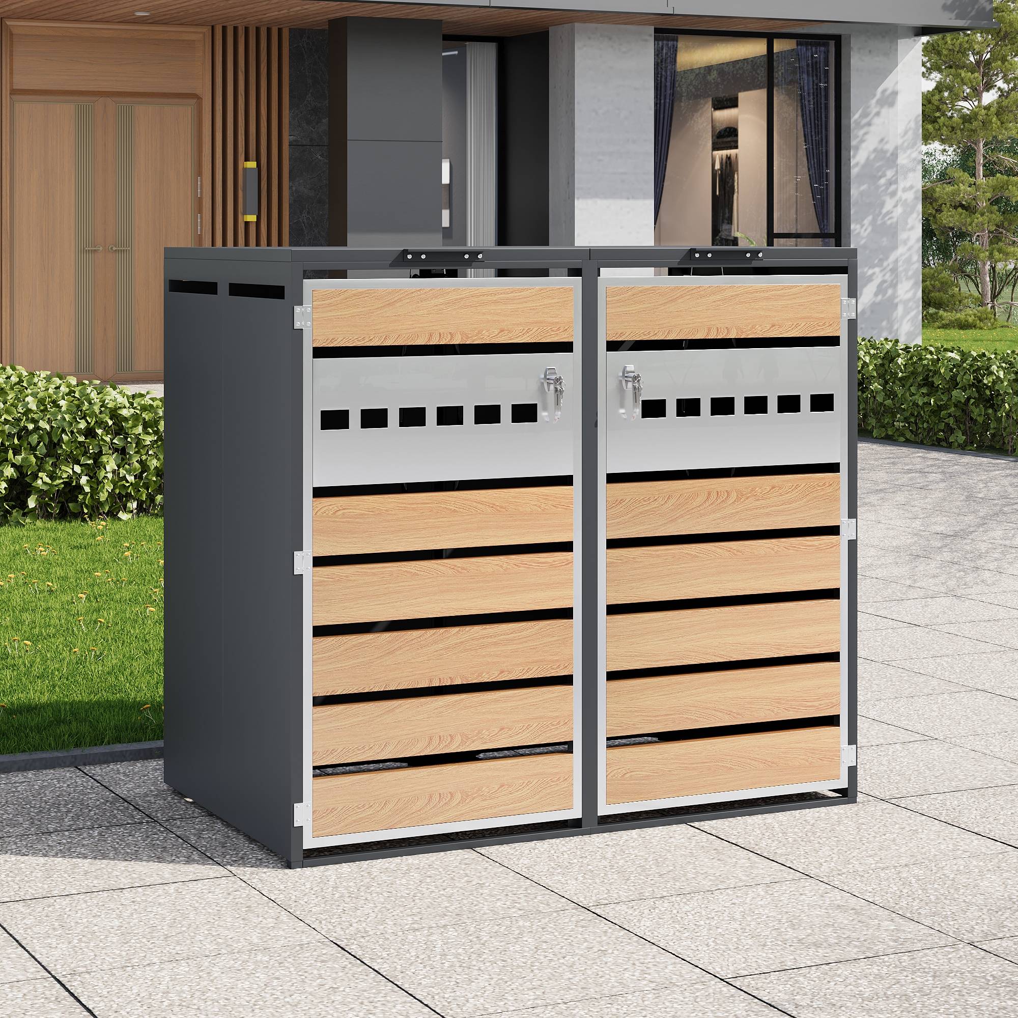 PANGIVO - Mülltonnenbox avec bois imitation et compartiments séparés, 132 x 80 x 118,5 cm - PANGIVO - Image 1