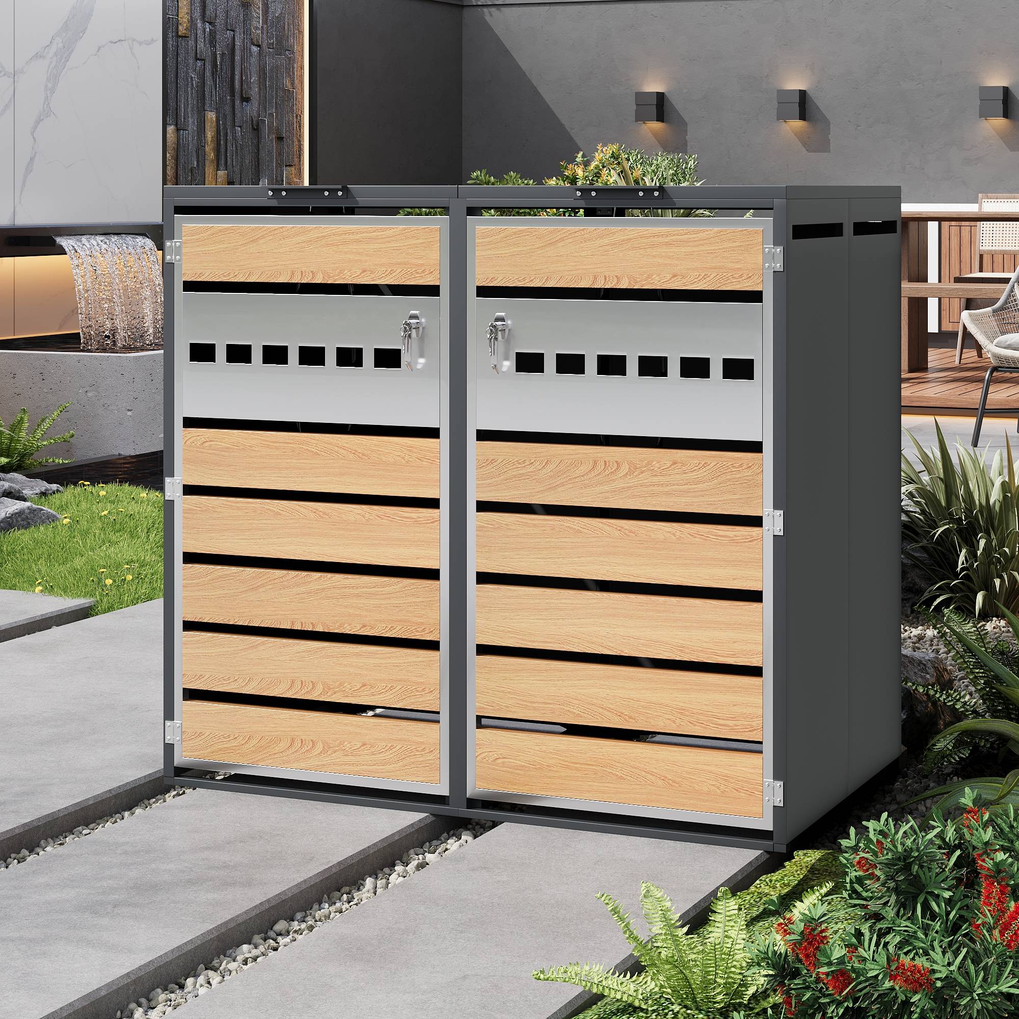 PANGIVO - Mülltonnenbox avec bois imitation et compartiments séparés, 132 x 80 x 118,5 cm - PANGIVO - Image 9